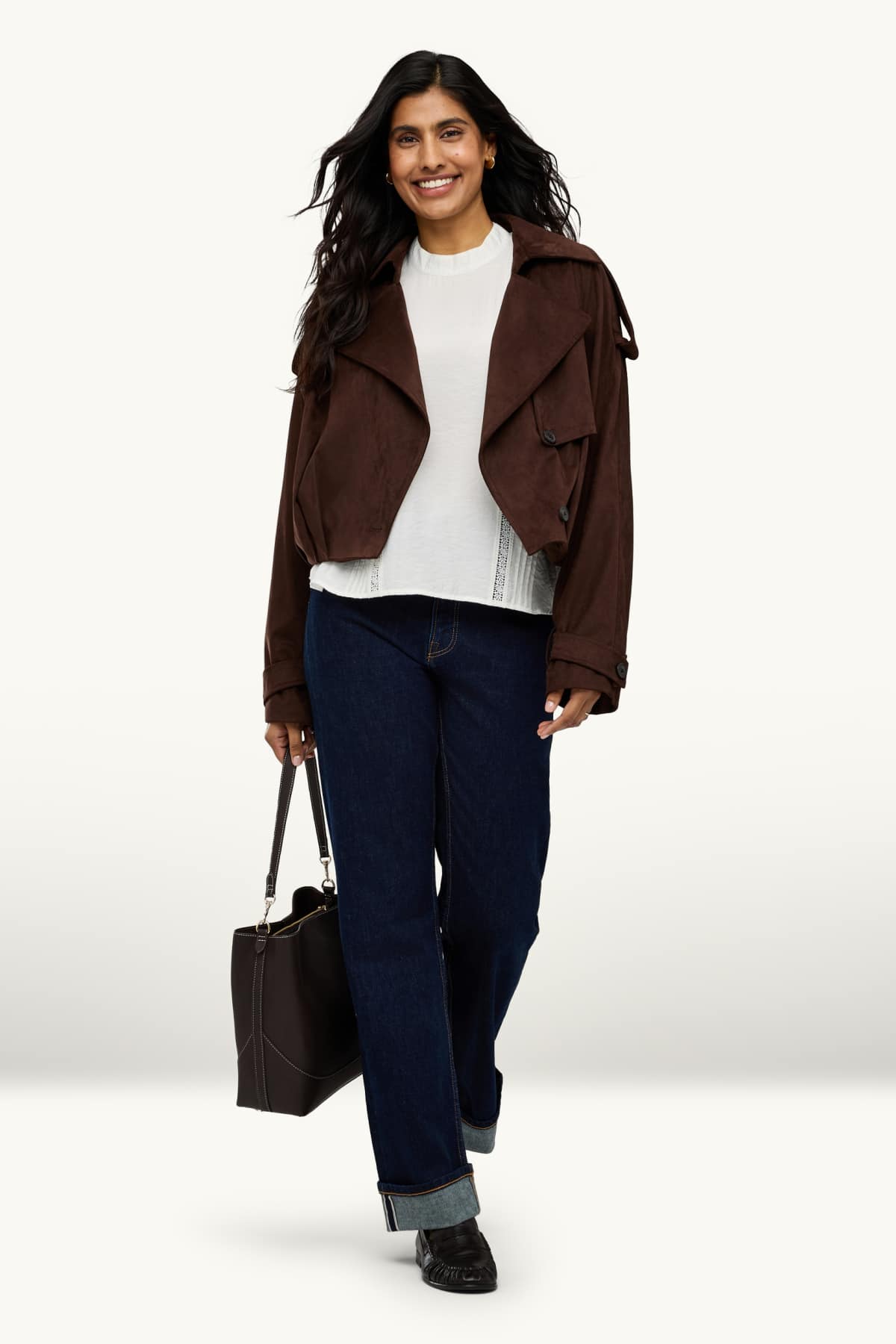 Cropped trench coat - faux suede - dark brown