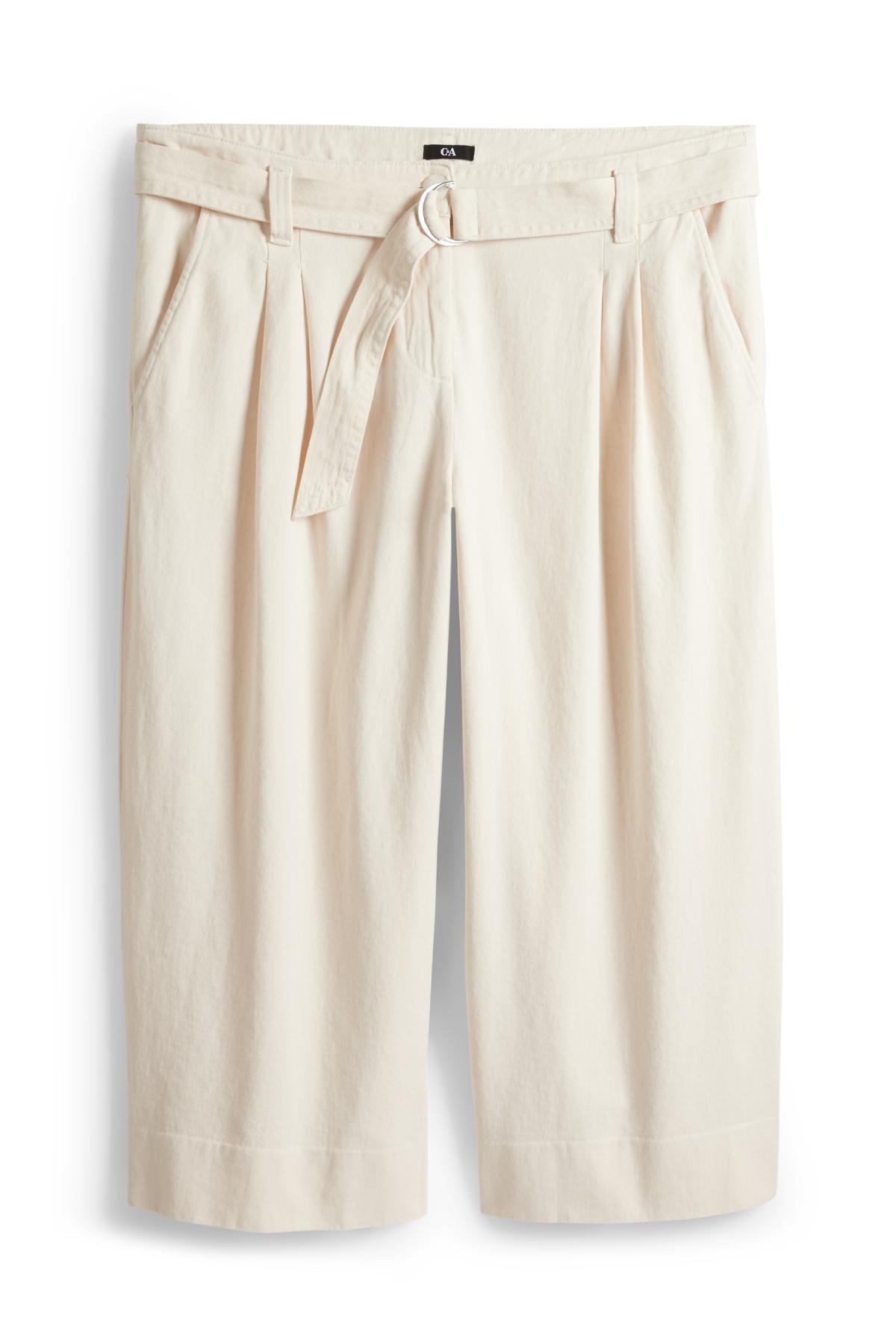 Cropped cloth trousers with belt - high-rise waist - wide leg - light beige