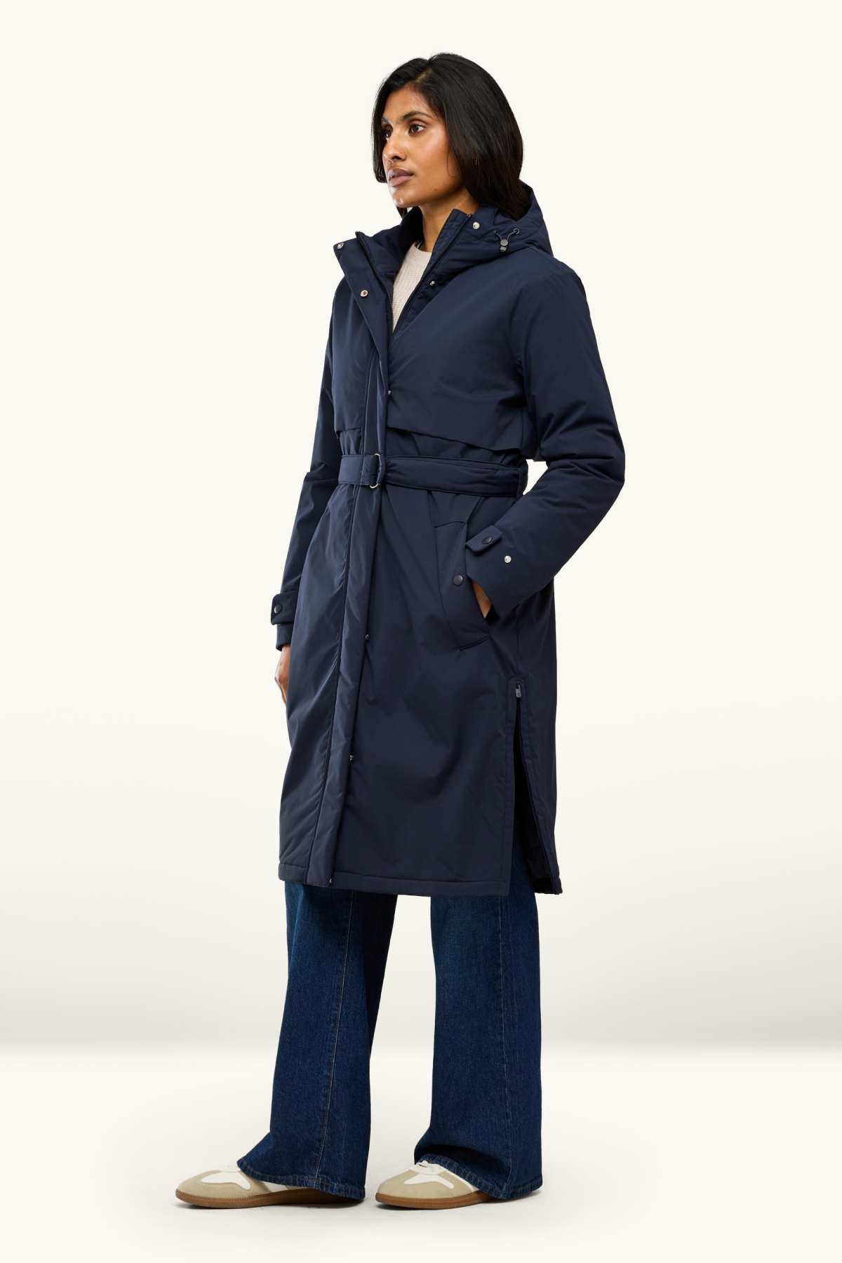 Technical trench coat with hood and belt - lined - dark blue