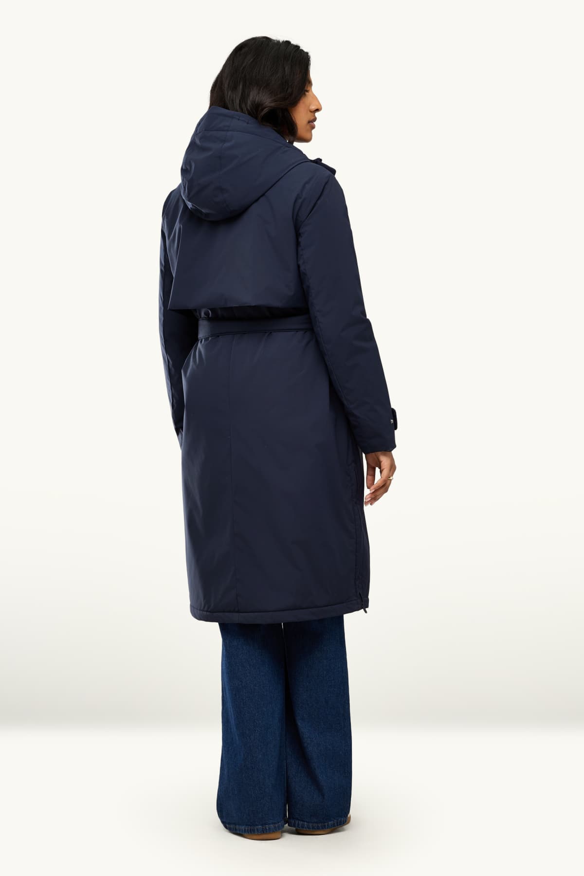 Technical trench coat with hood and belt - lined - dark blue
