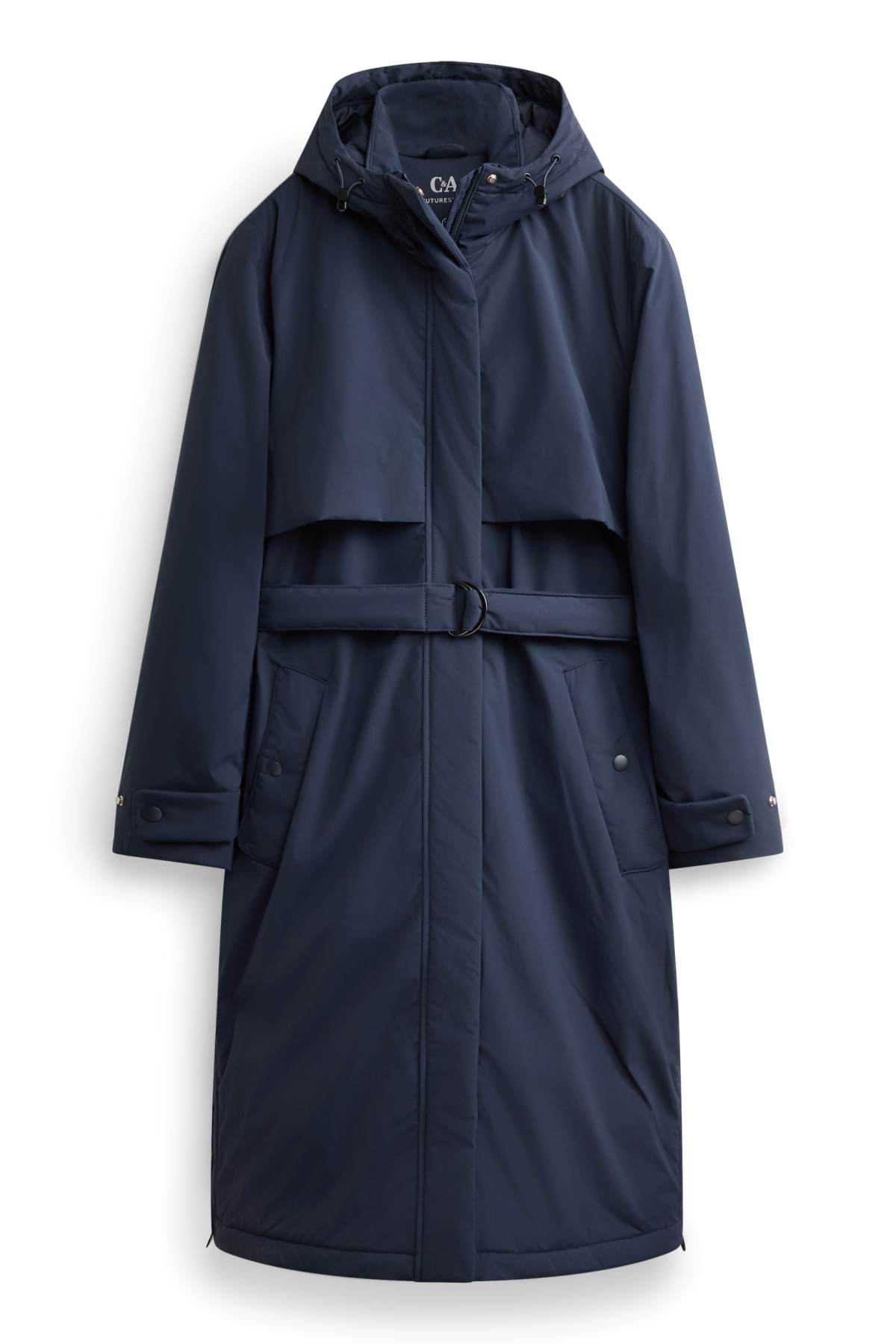 Technical trench coat with hood and belt - lined - dark blue