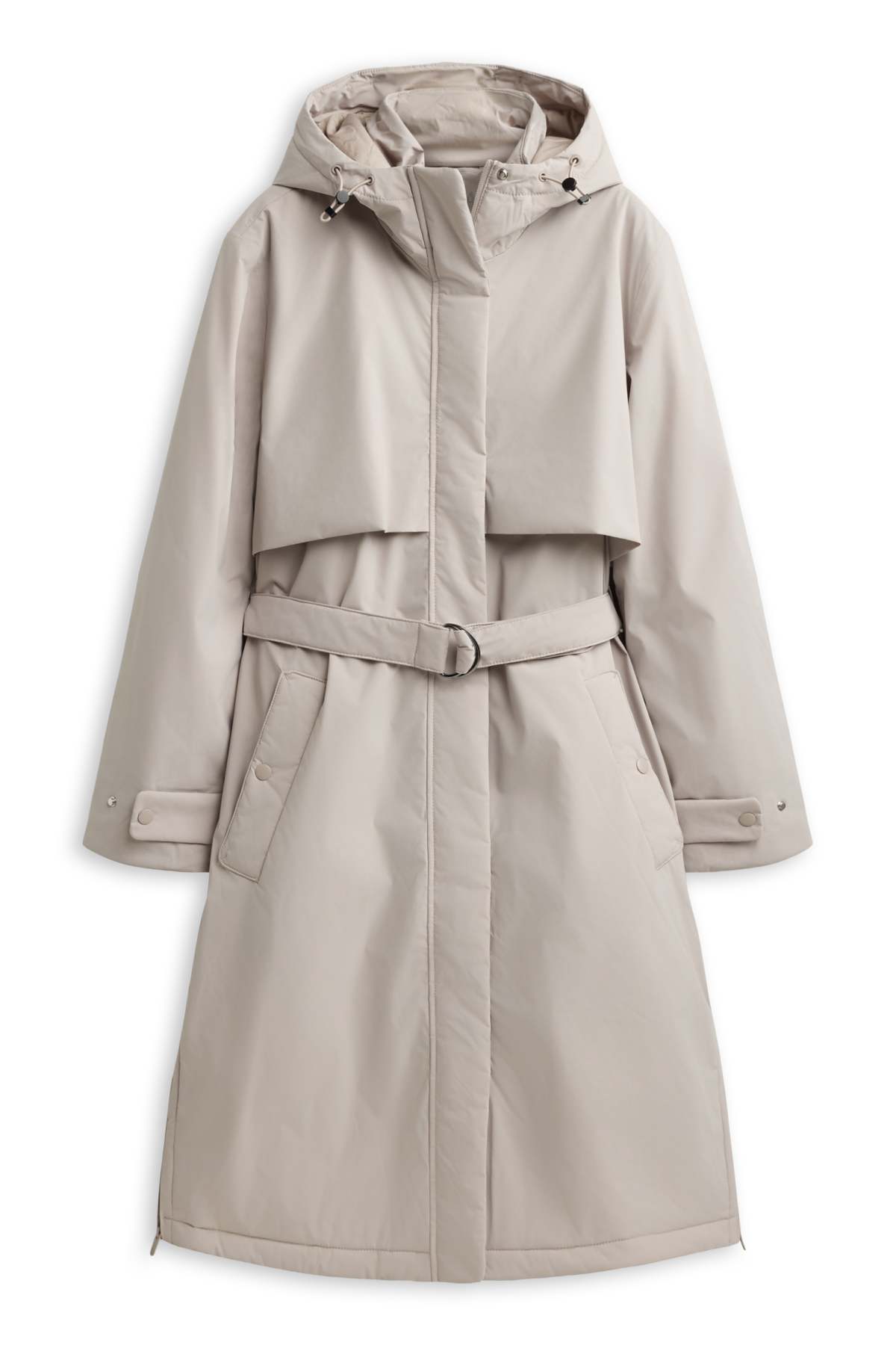 Technical trench coat with hood and belt - lined - light beige