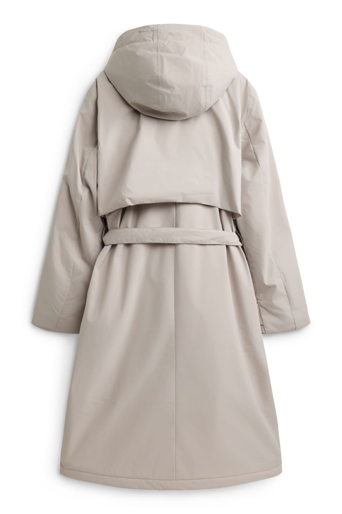 Technical trench coat with hood and belt - lined - light beige