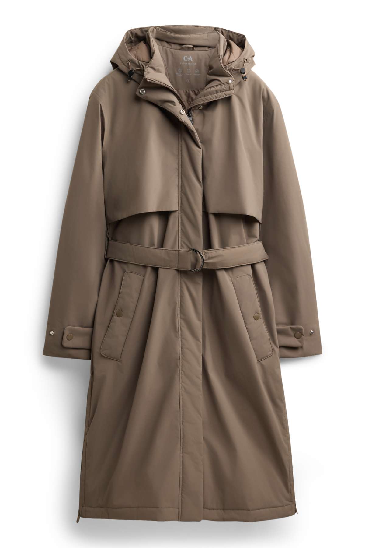 Technical trench coat with hood and belt - lined - taupe