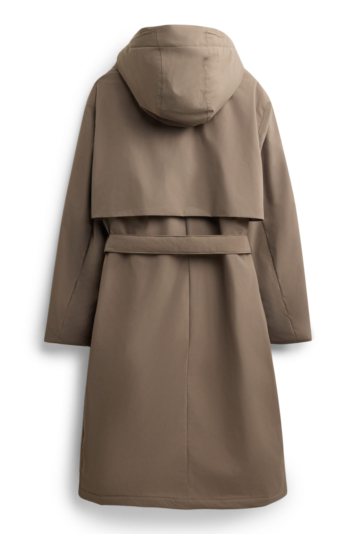Technical trench coat with hood and belt - lined - taupe