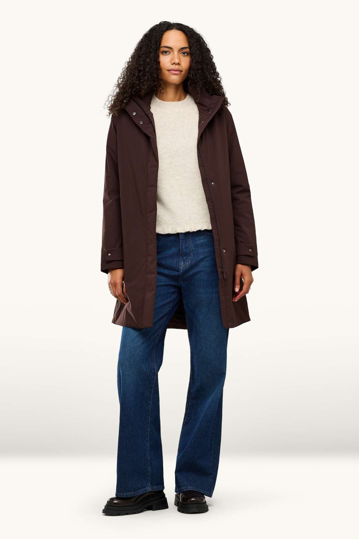 Outdoor coat with hood - lined - waterproof - dark brown