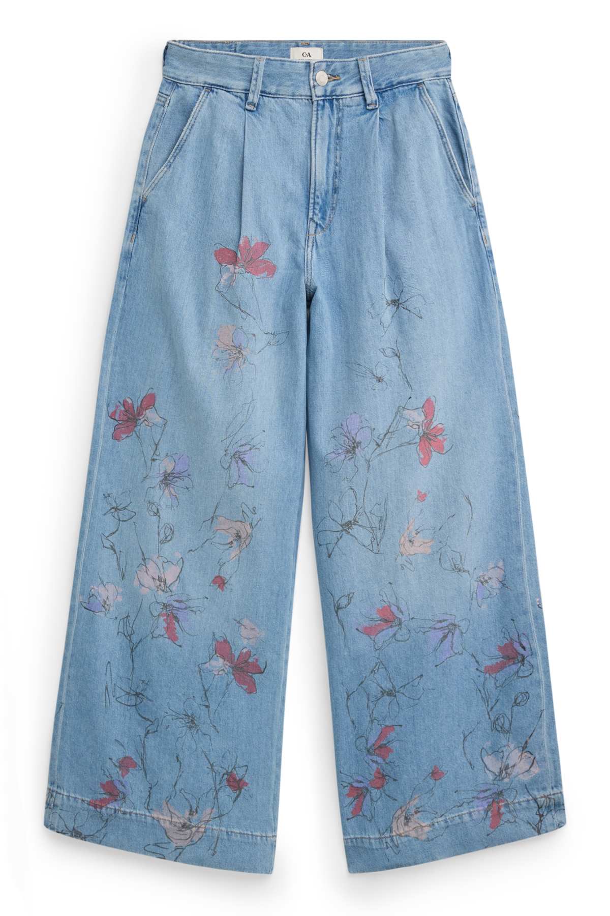 Wide leg jeans - mid-rise waist - floral - blue denim