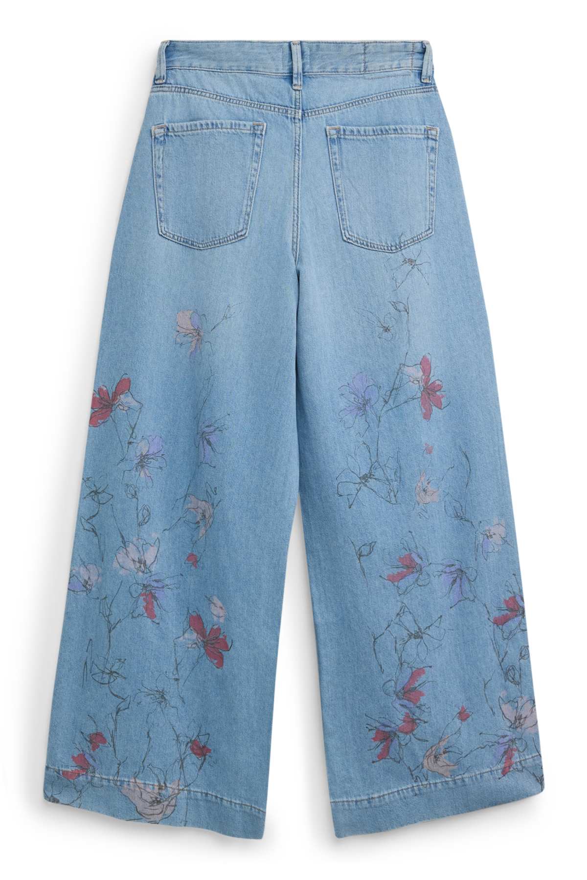 Wide leg jeans - mid-rise waist - floral - blue denim