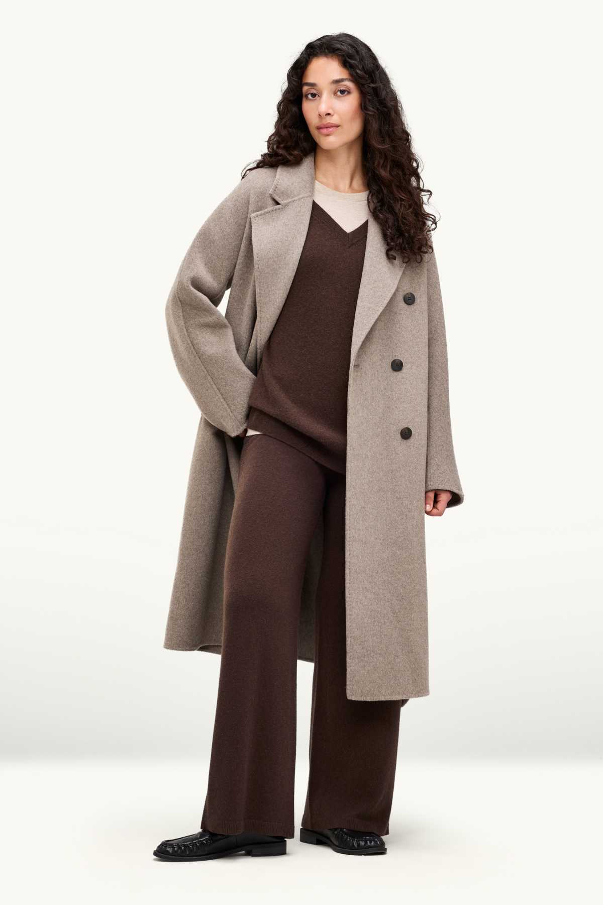 Cashmere trousers - mid-rise waist - straight leg - dark brown