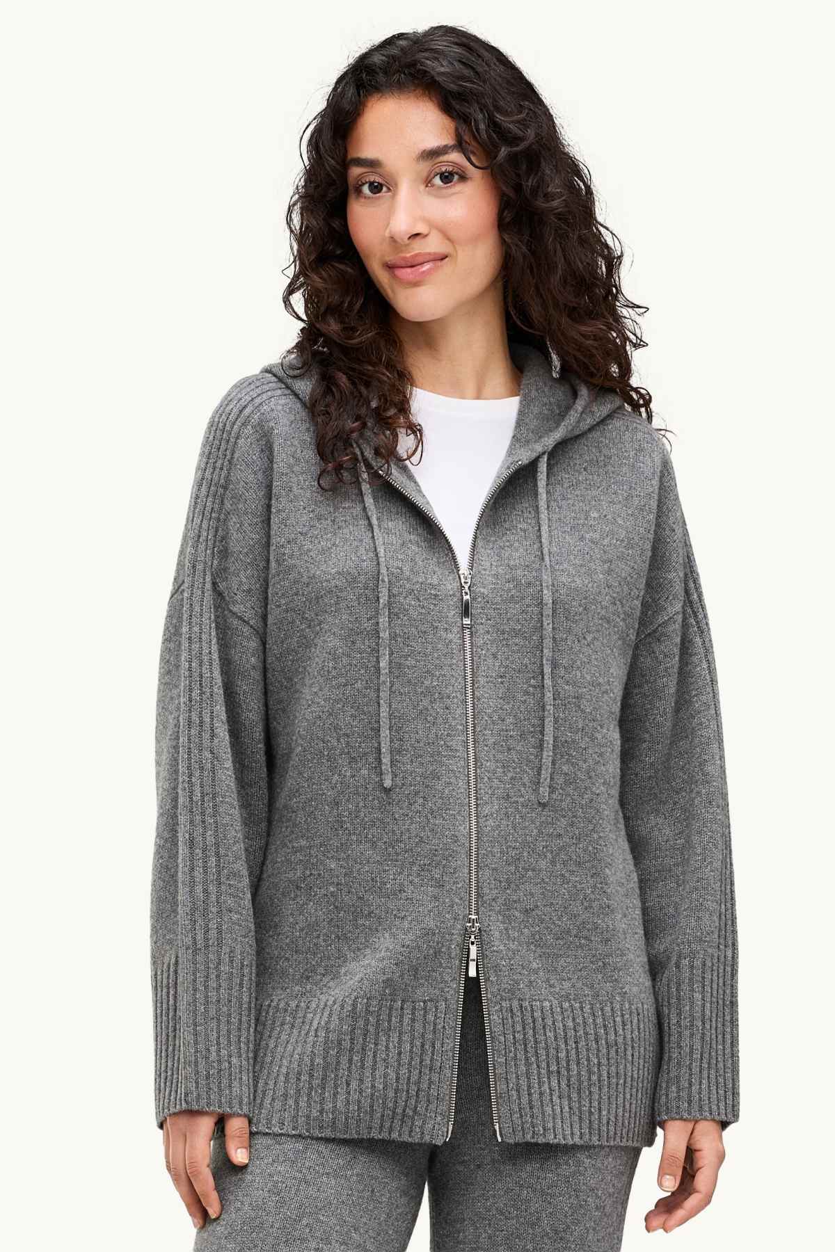 Cardigan with cashmere content and hood - wool blend - gray-melange