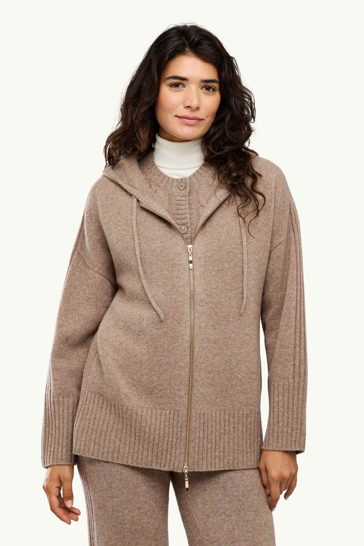 Cardigan with cashmere content and hood - wool blend - beige