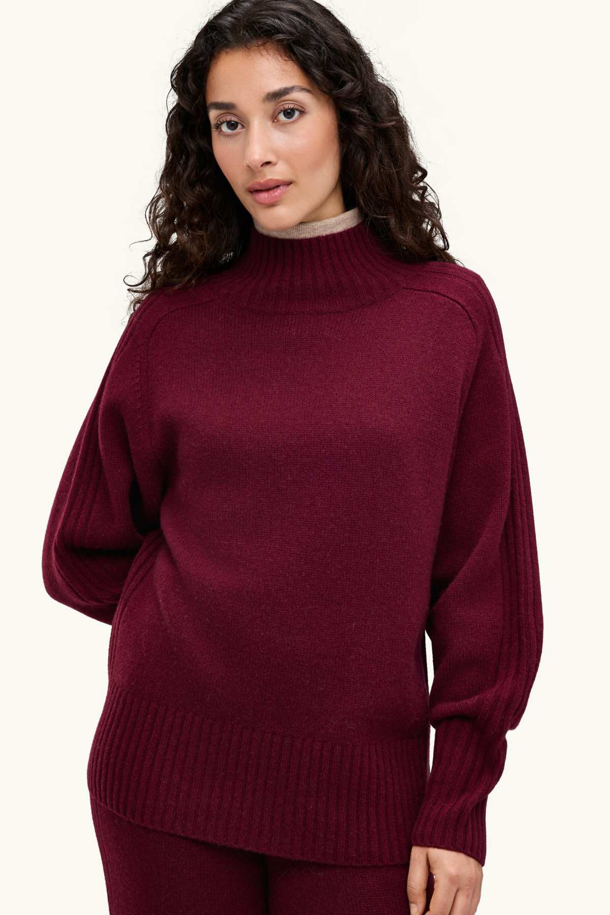 Jumper with stand-up collar and cashmere content - wool blend - bordeaux