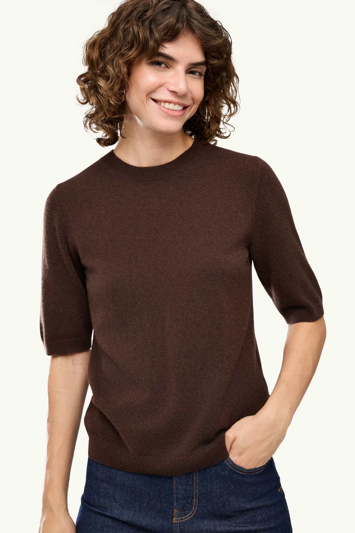 Cashmere jumper - short sleeve - dark brown