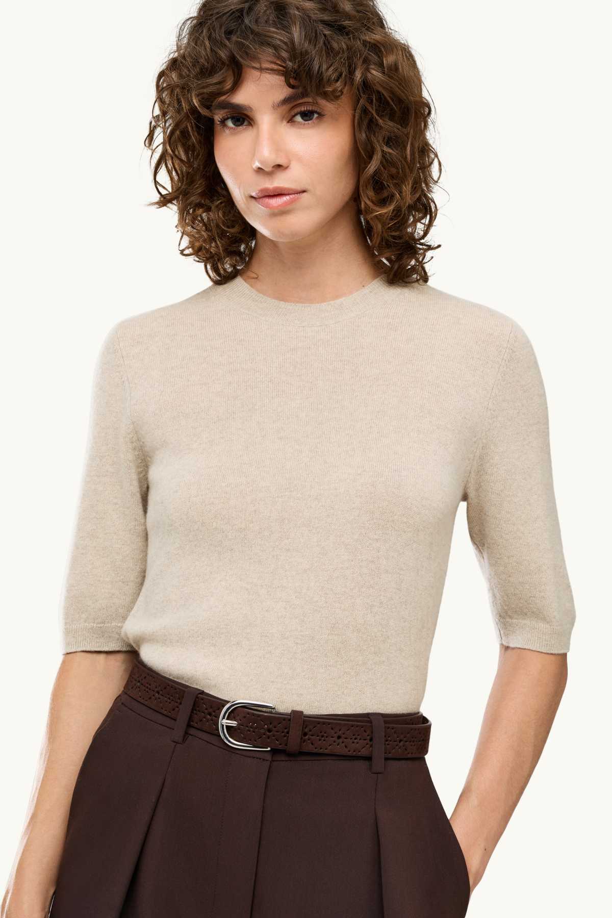 Cashmere jumper - short sleeve - beige