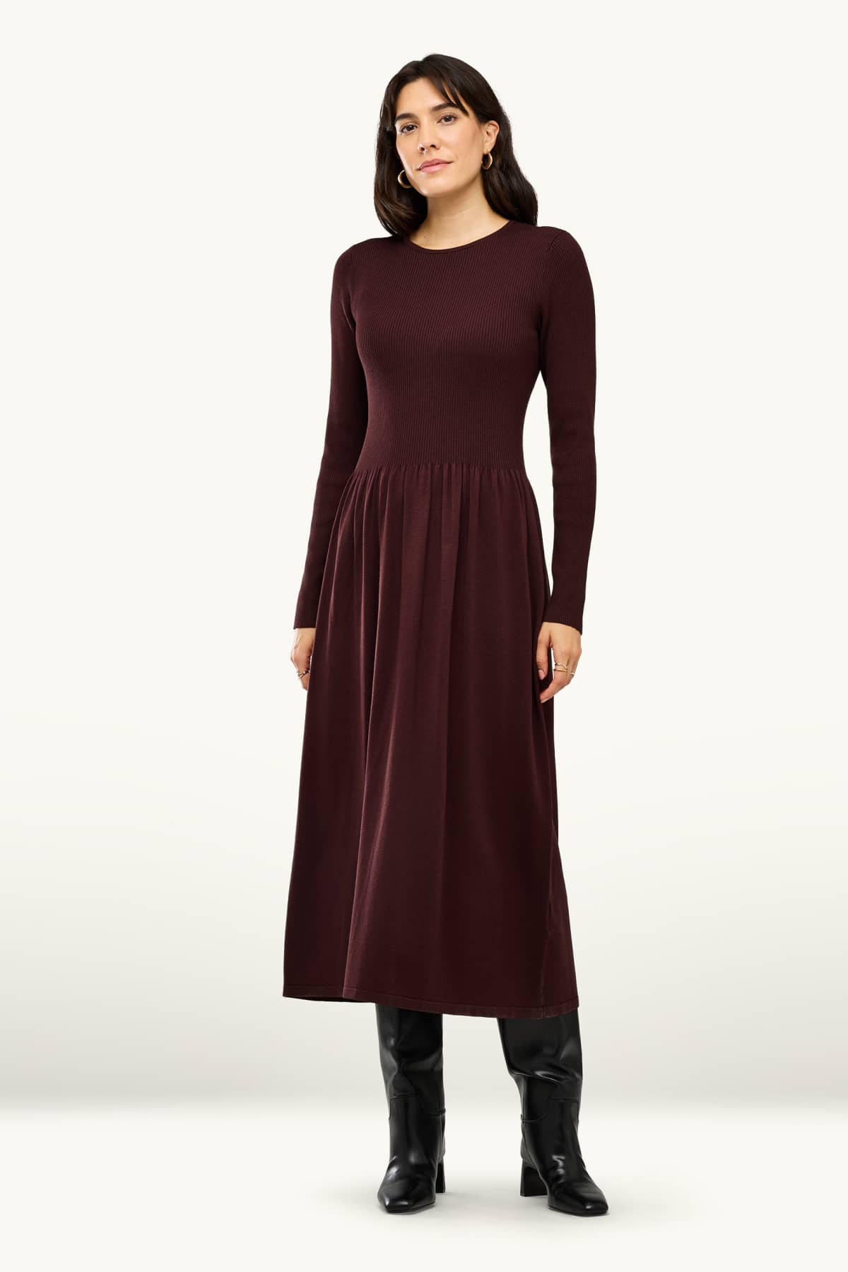 Knitted dress - ribbed - dark brown
