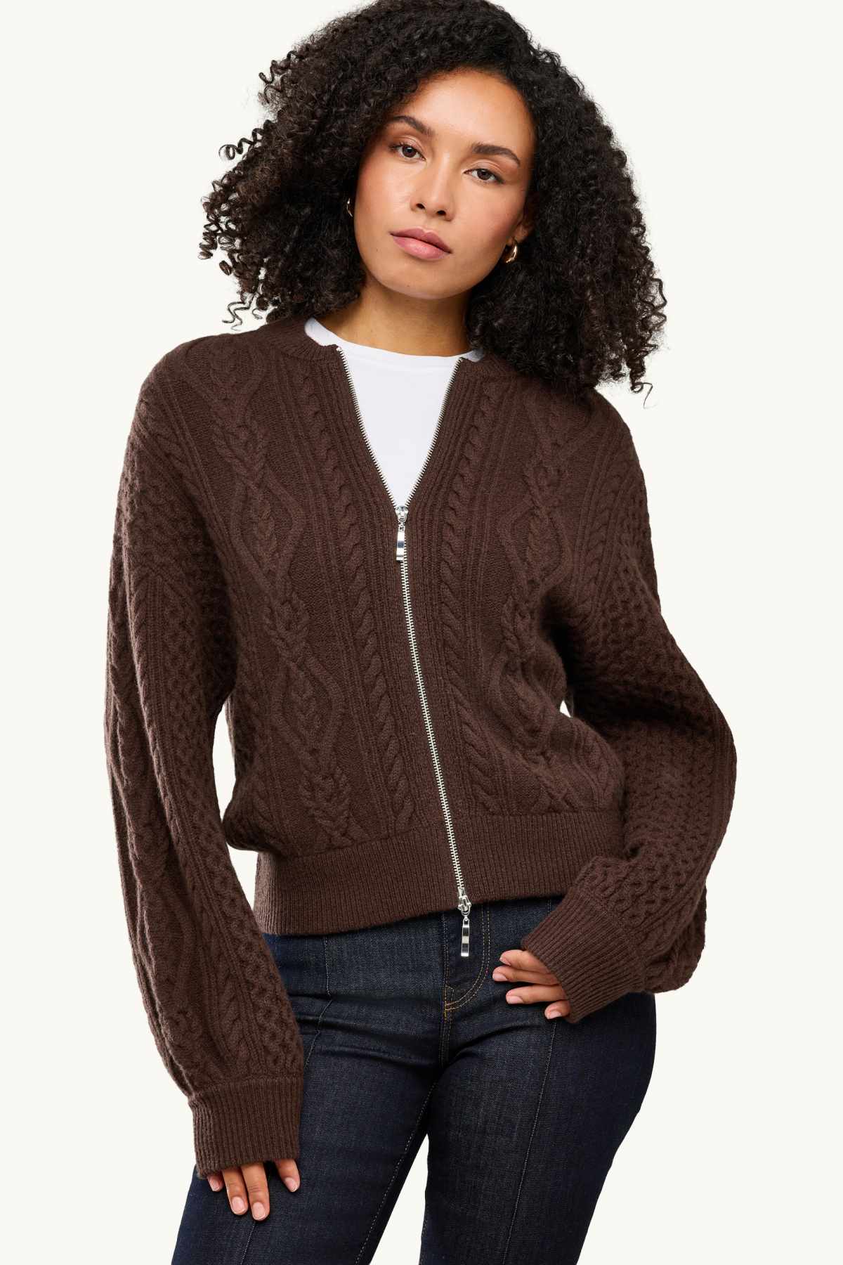 Cardigan with cashmere content - wool blend - cable knit pattern - dark brown