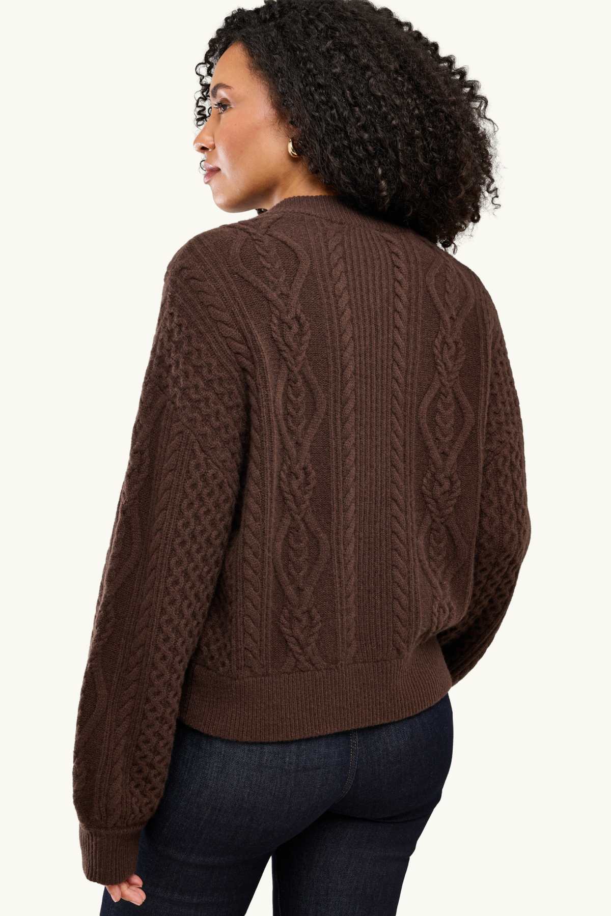 Cardigan with cashmere content - wool blend - cable knit pattern - dark brown