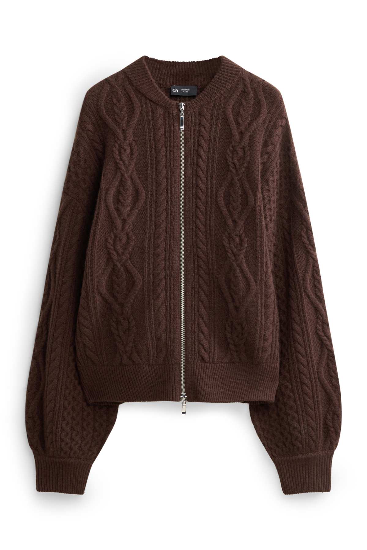 Cardigan with cashmere content - wool blend - cable knit pattern - dark brown