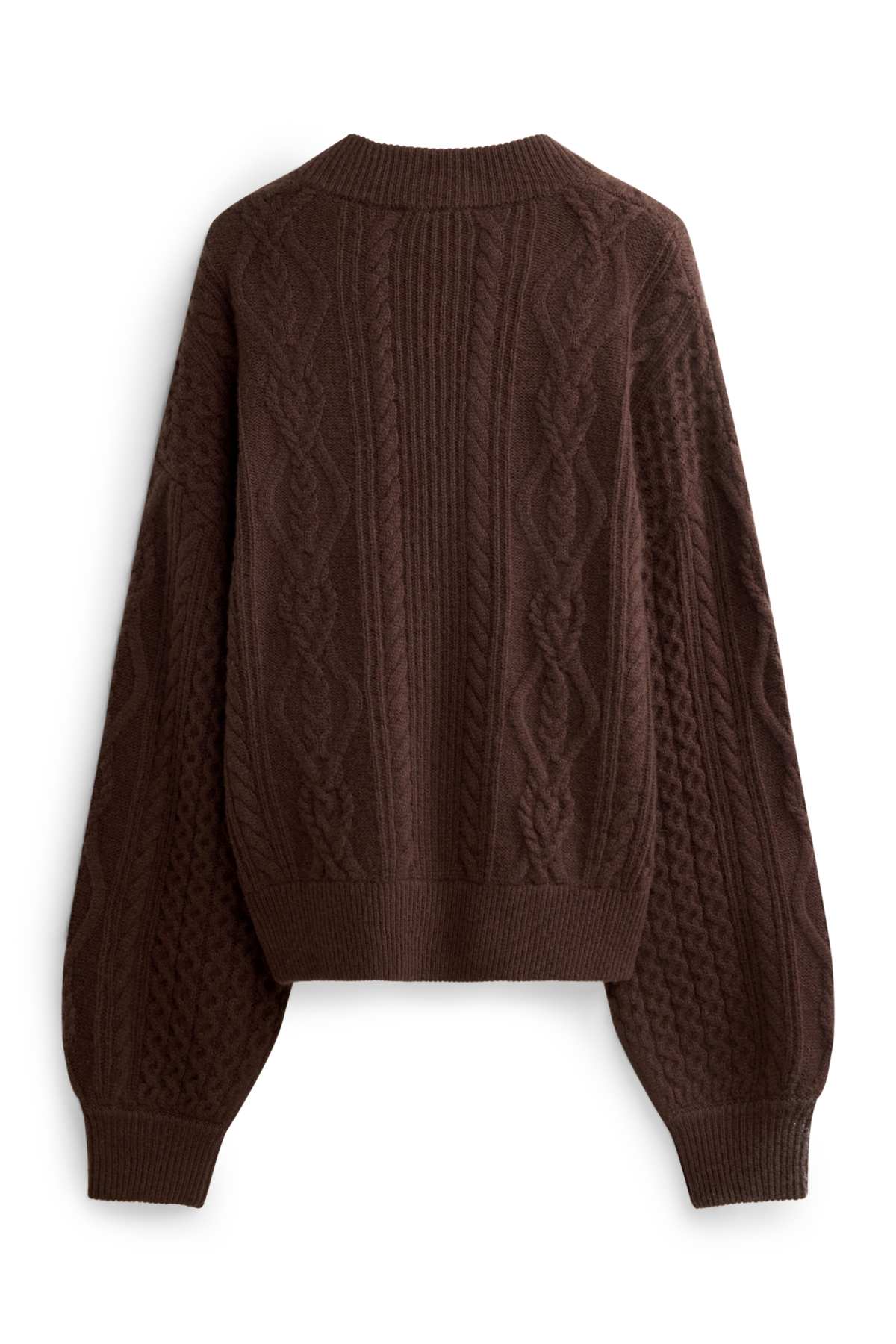 Cardigan with cashmere content - wool blend - cable knit pattern - dark brown