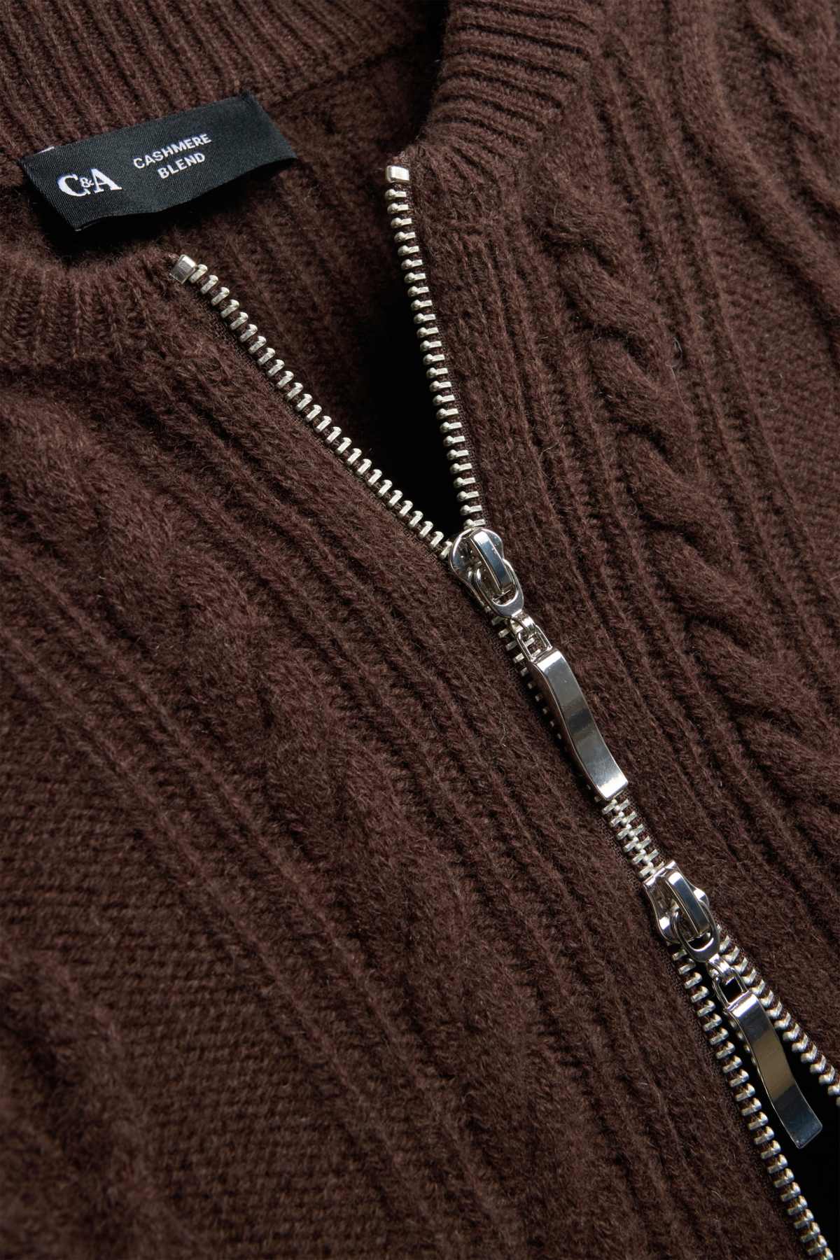 Cardigan with cashmere content - wool blend - cable knit pattern - dark brown