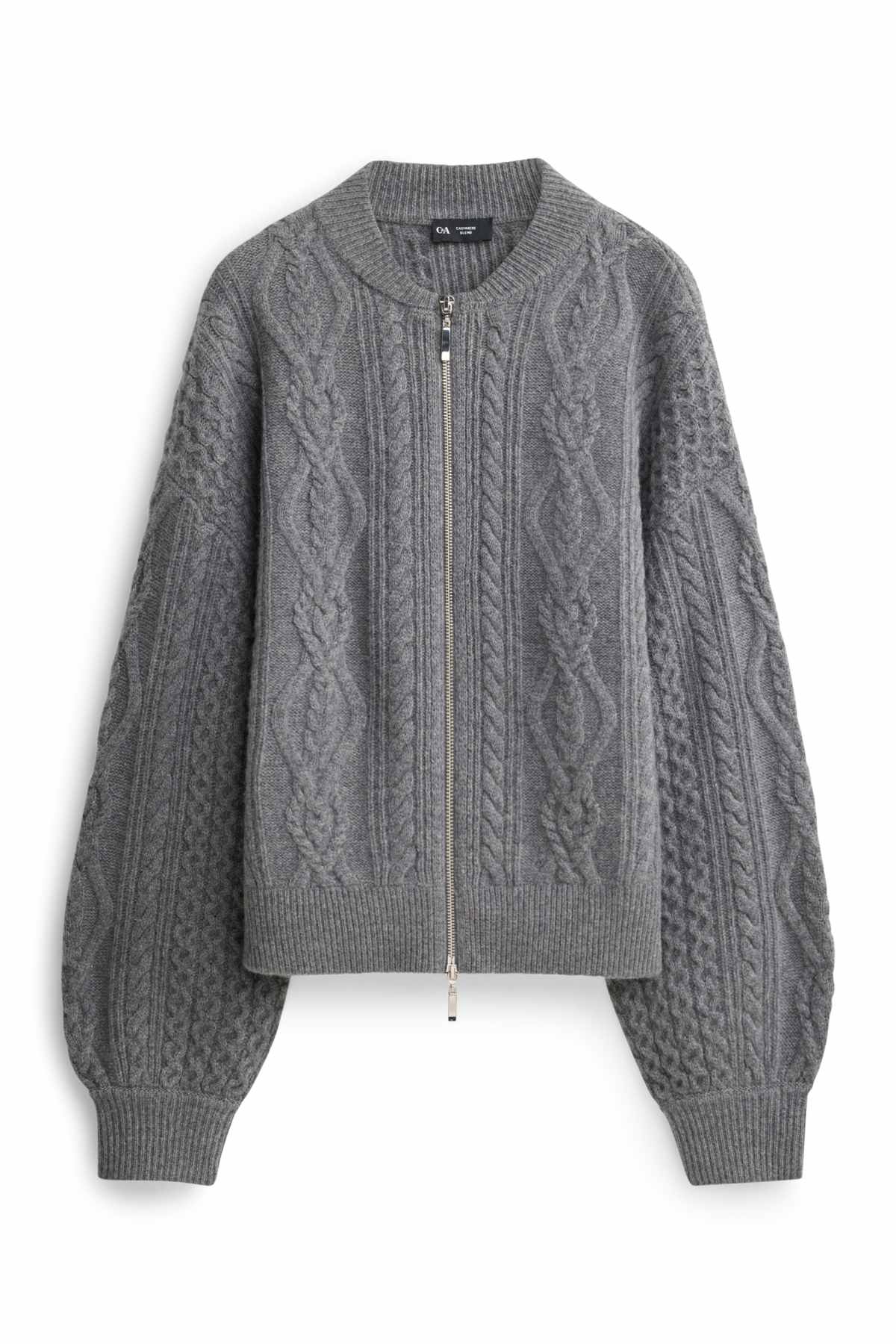 Cardigan with cashmere content - wool blend - cable knit pattern - dark gray
