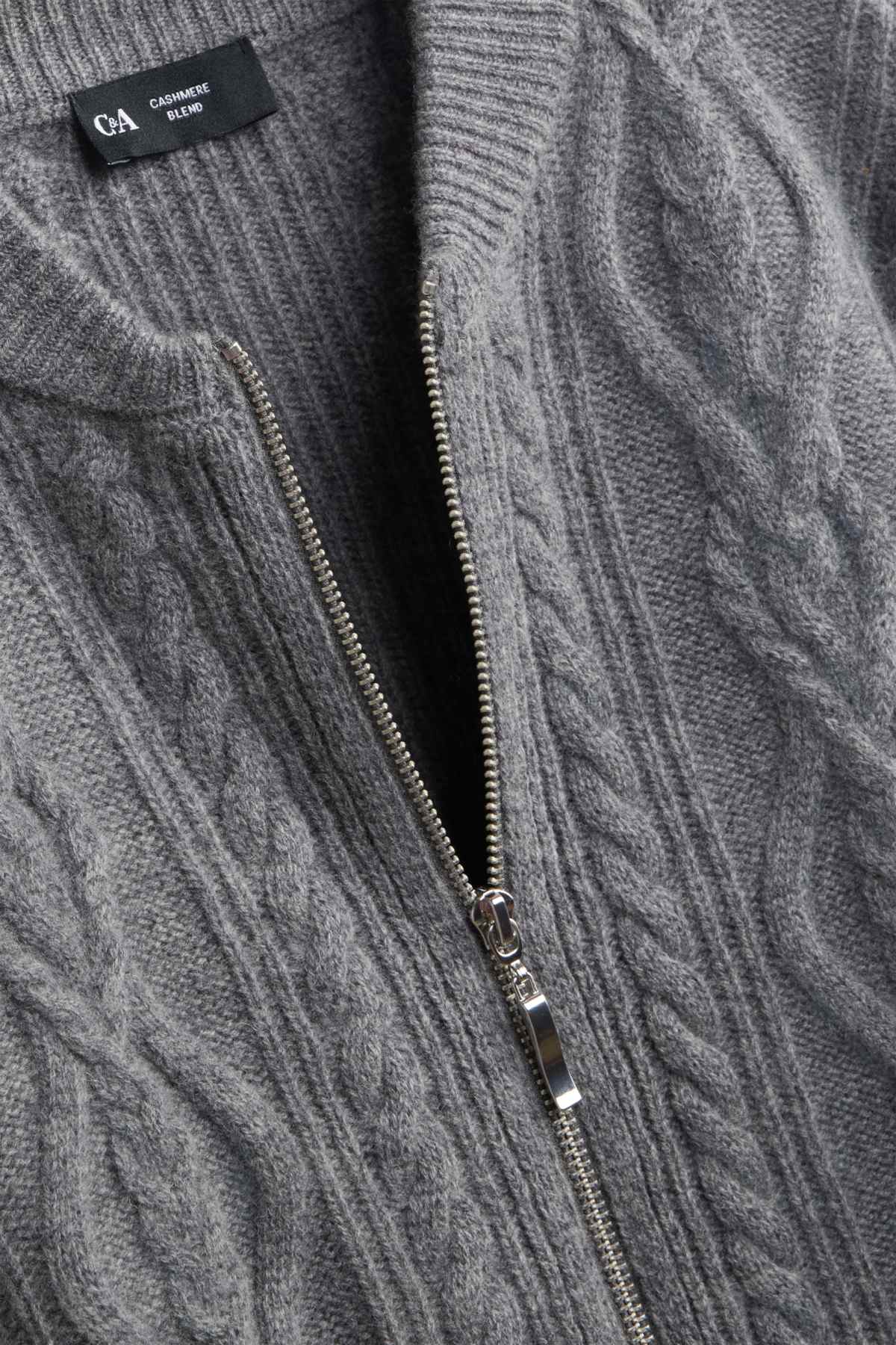 Cardigan with cashmere content - wool blend - cable knit pattern - dark gray