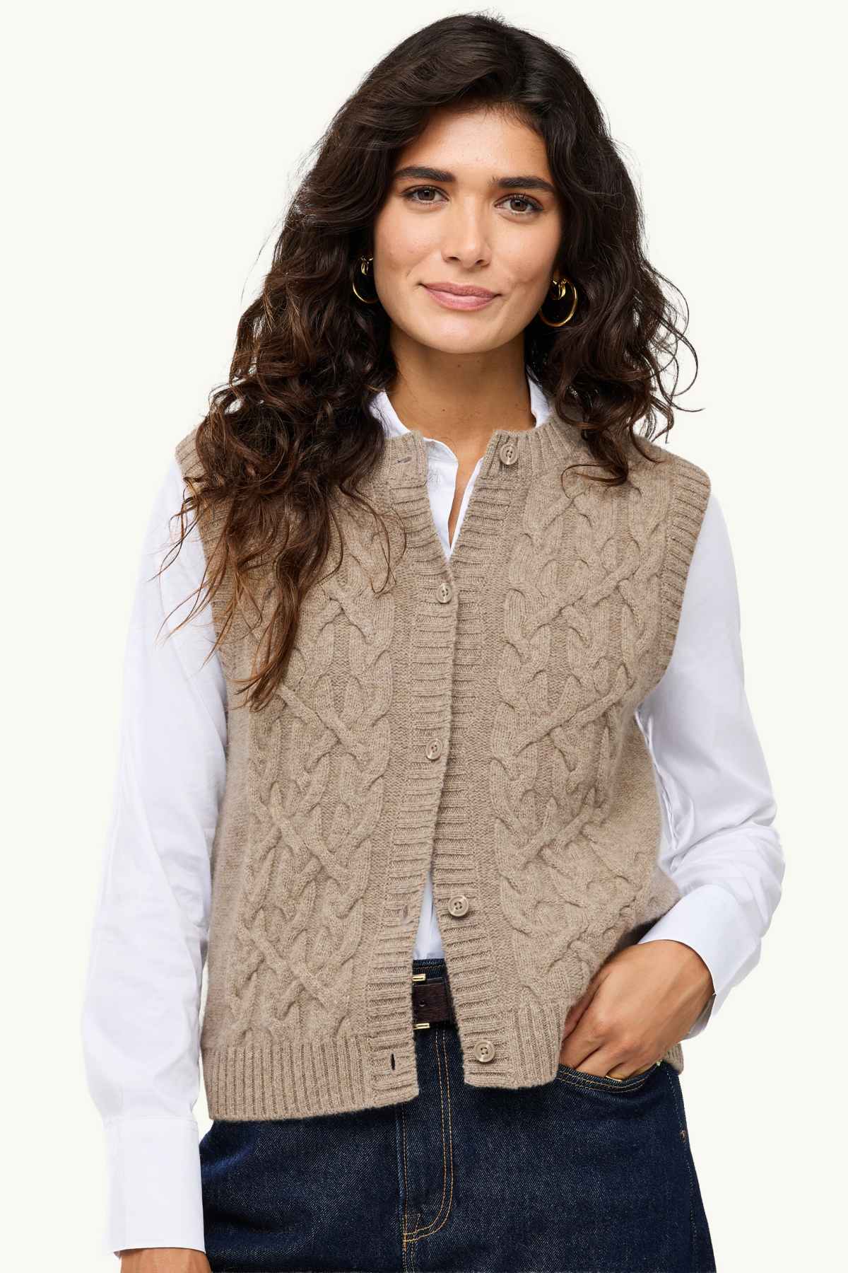 Knitted waistcoat with cashmere content - wool blend - cable knit pattern - beige