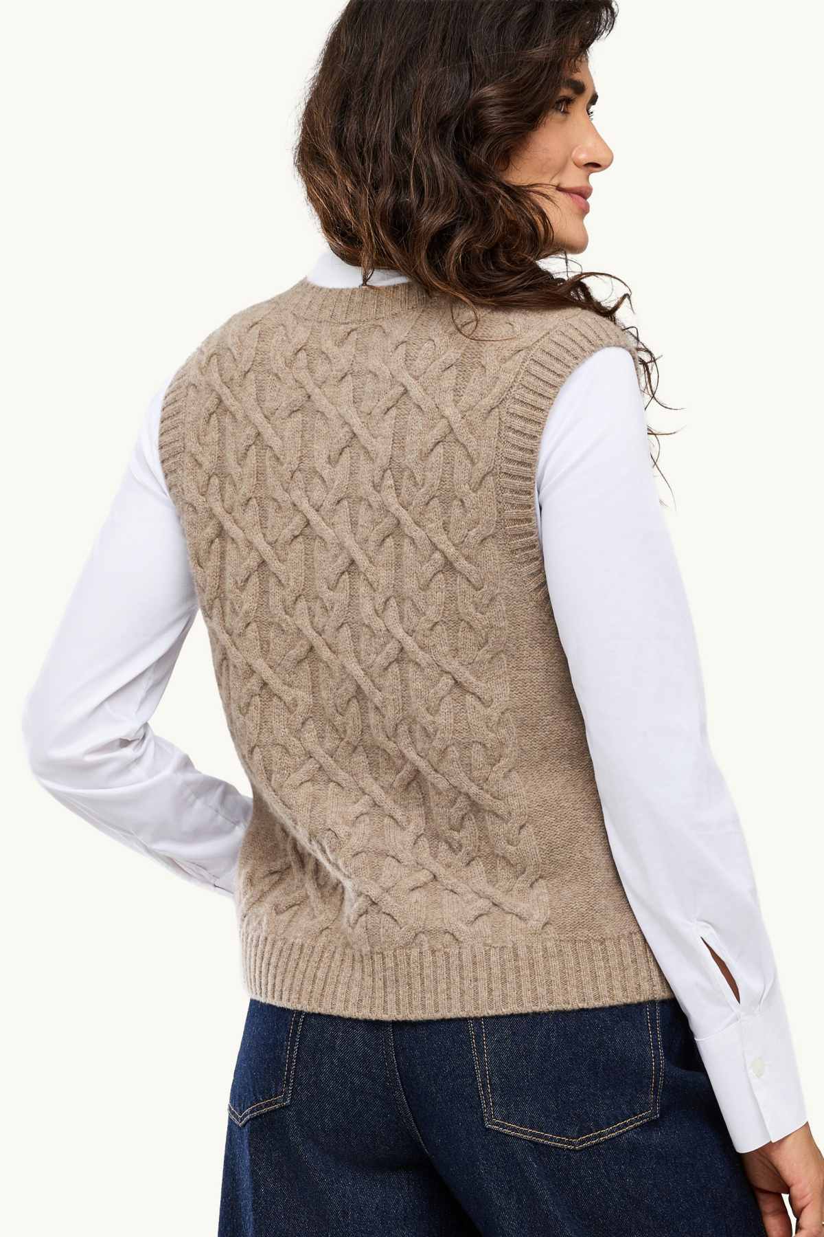 Knitted waistcoat with cashmere content - wool blend - cable knit pattern - beige