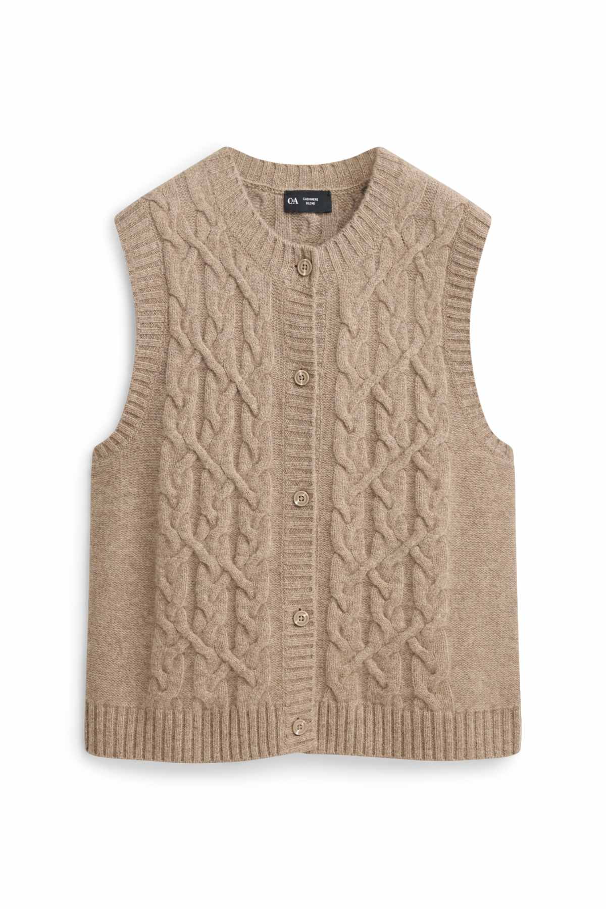 Knitted waistcoat with cashmere content - wool blend - cable knit pattern - beige