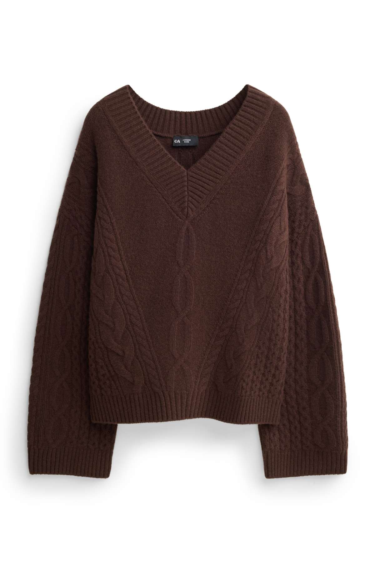 V-neck jumper with cashmere content - wool blend - dark brown