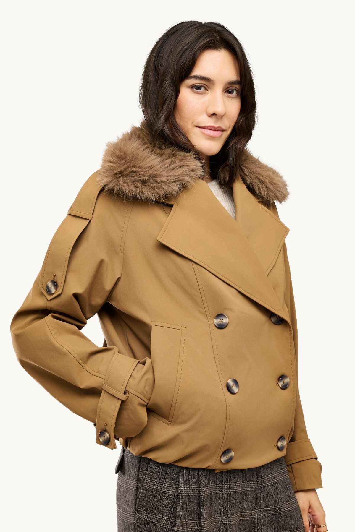 Cropped trench coat with faux fur trim - water-repellent - beige