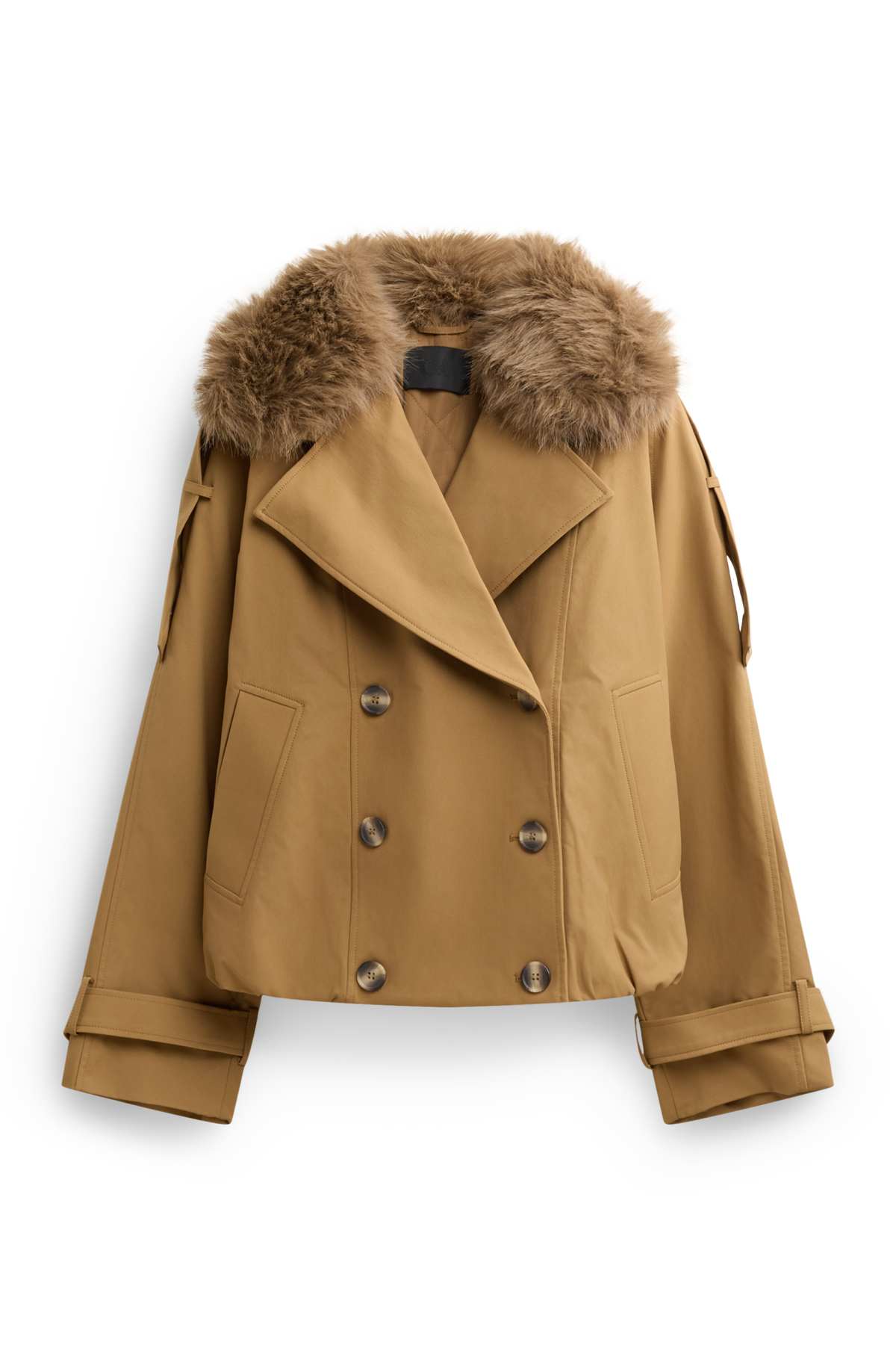 Cropped trench coat with faux fur trim - water-repellent - beige