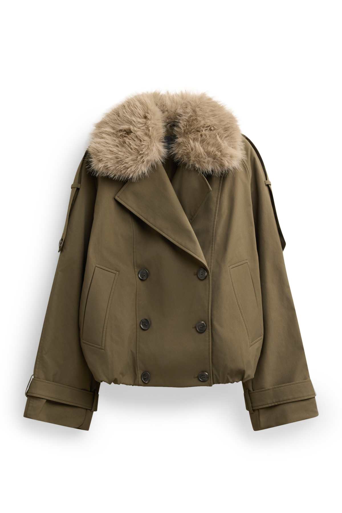 Cropped trench coat with faux fur trim - water-repellent - khaki
