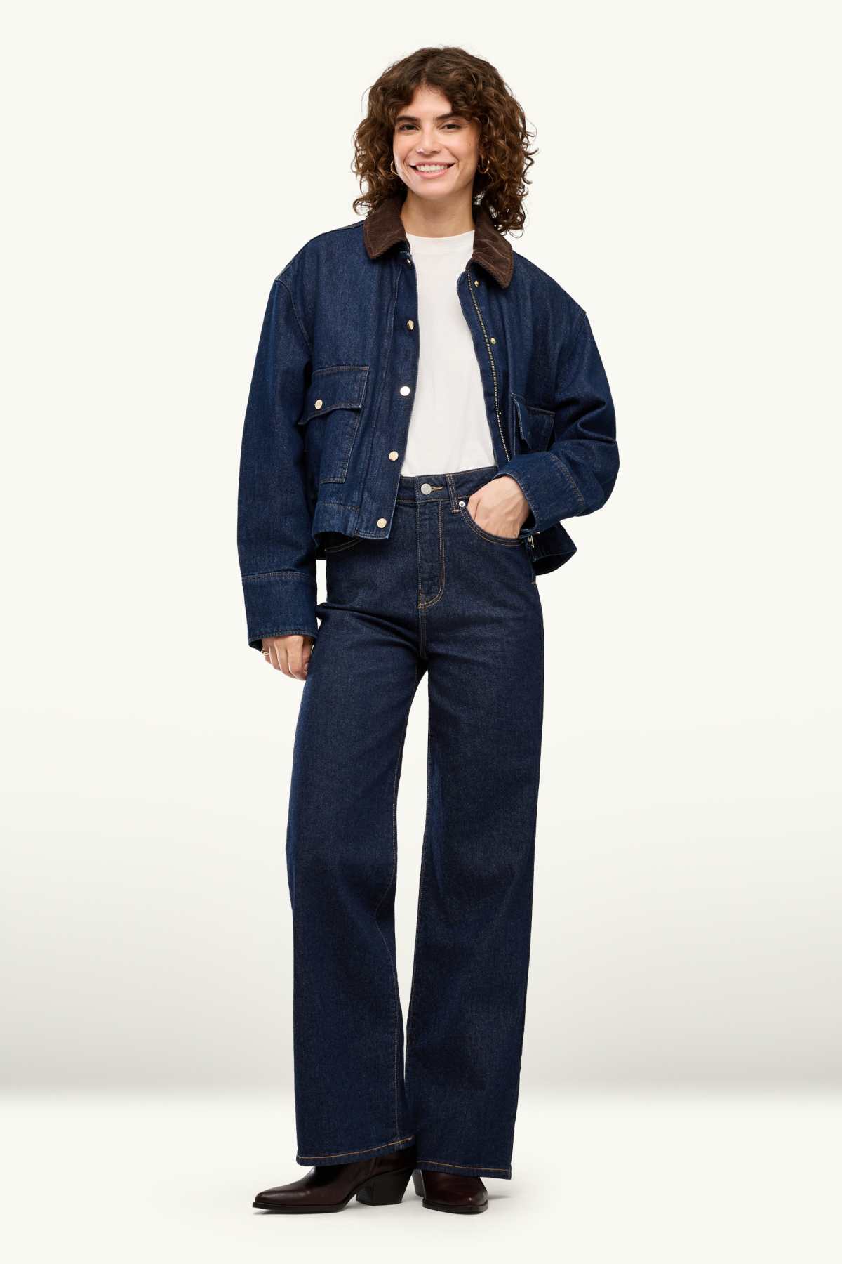 Wide leg jeans - high waist - denim-dark blue
