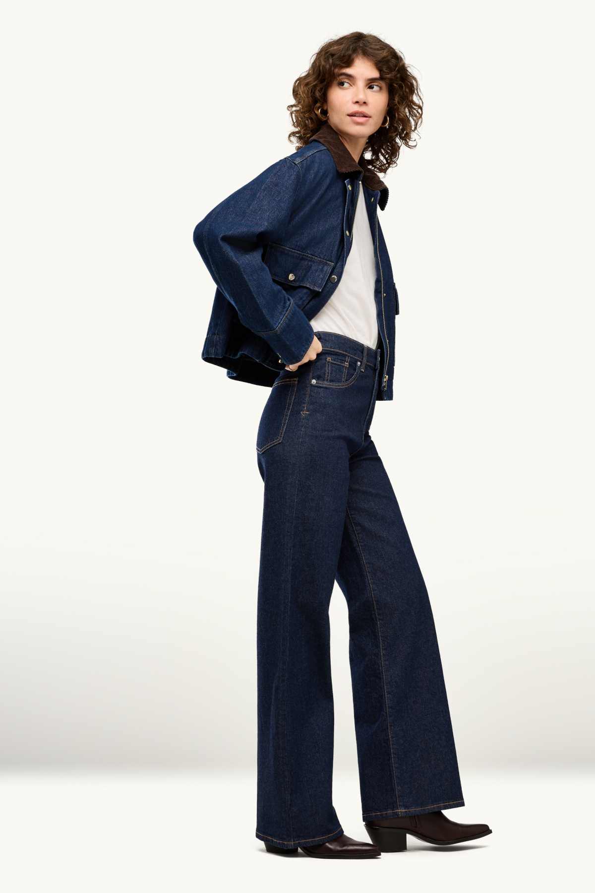 Wide leg jeans - high waist - denim-dark blue