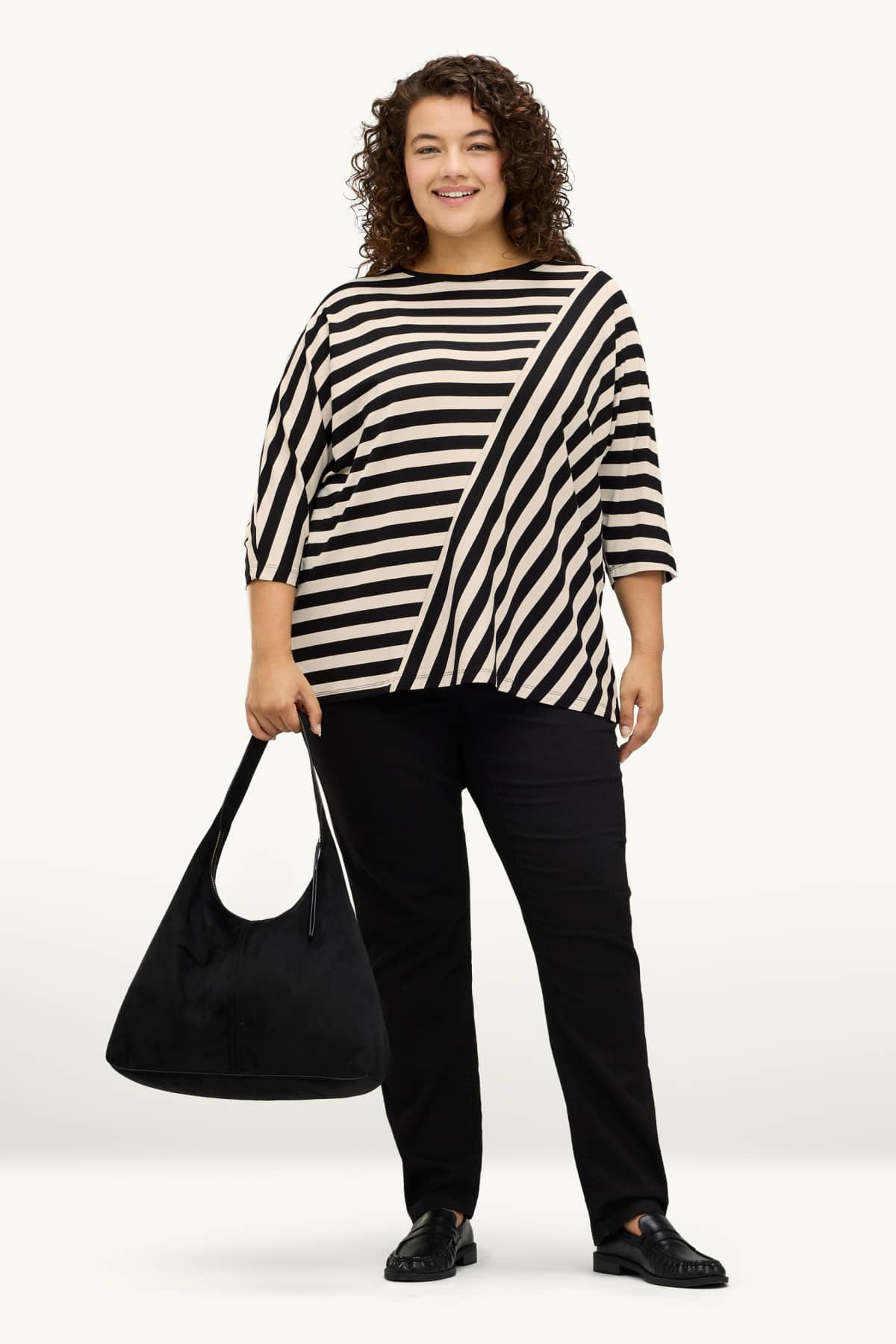 T-shirt - regular fit - striped - black / beige