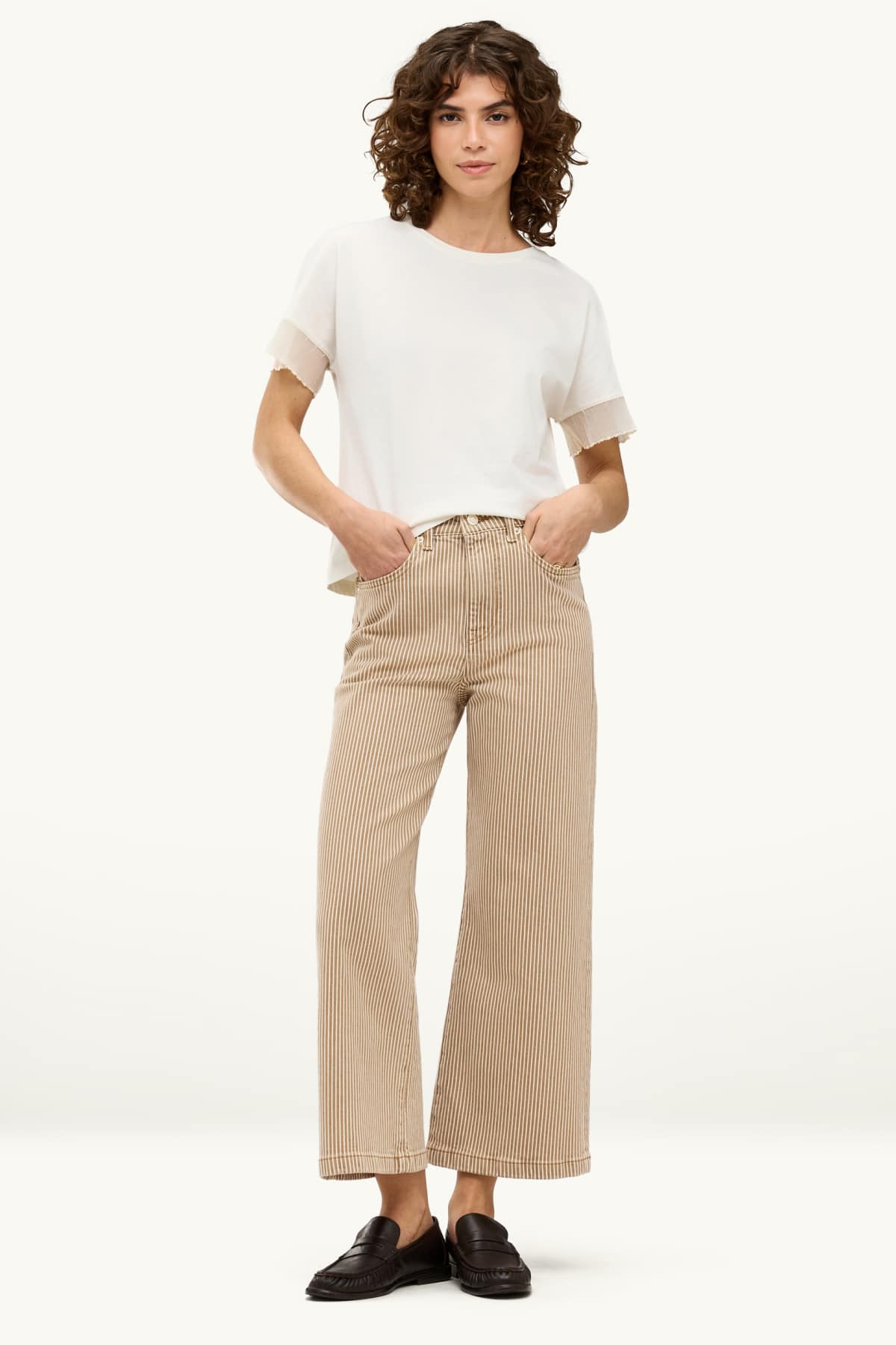 Cropped wide leg jeans - high waist - striped - light brown