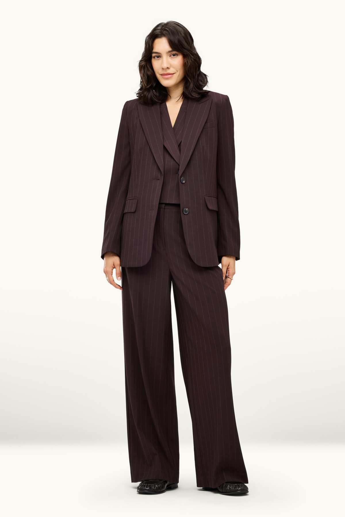 Business trousers - high waist - wide leg - striped - dark brown