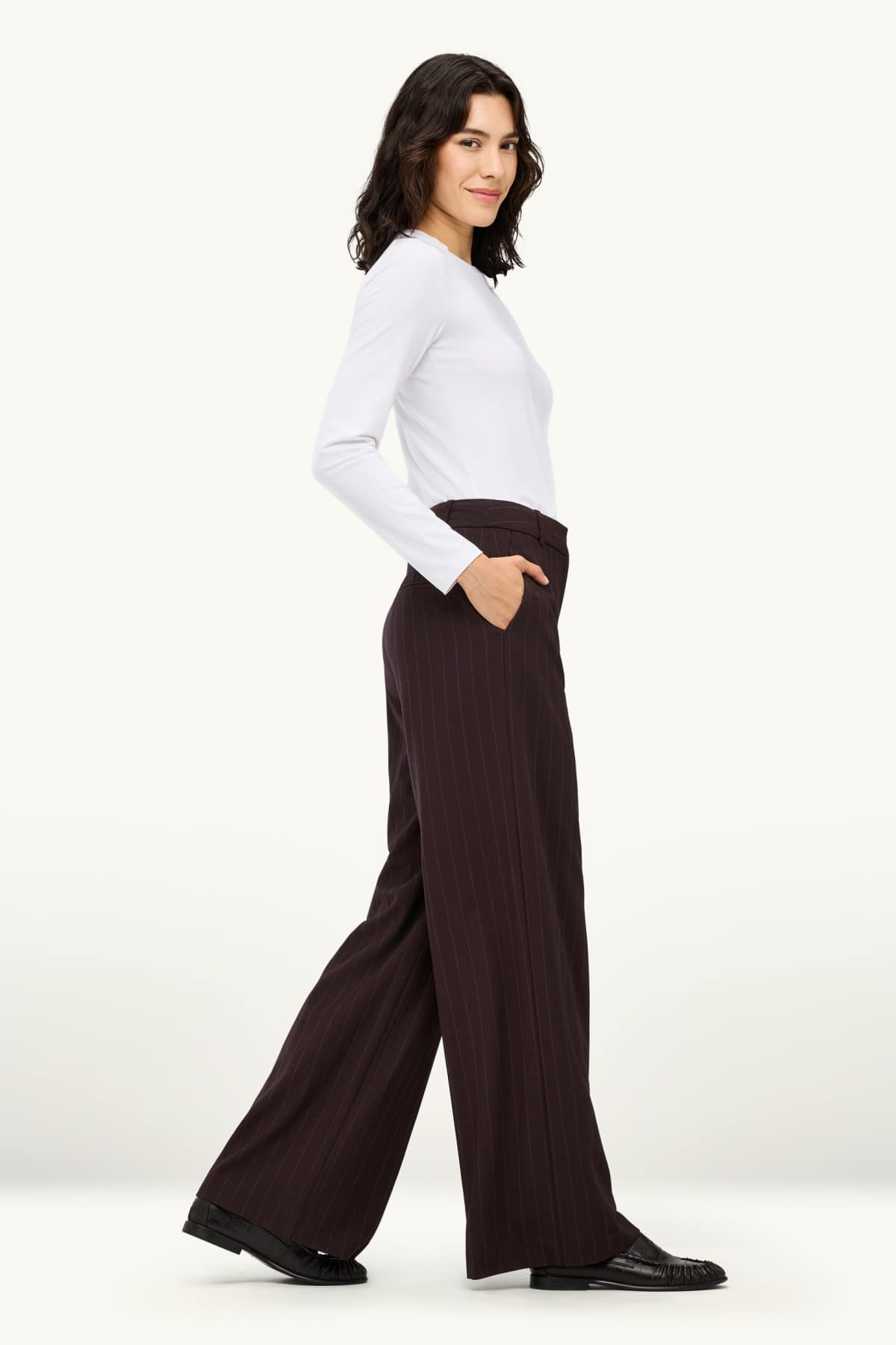 Business trousers - high waist - wide leg - striped - dark brown
