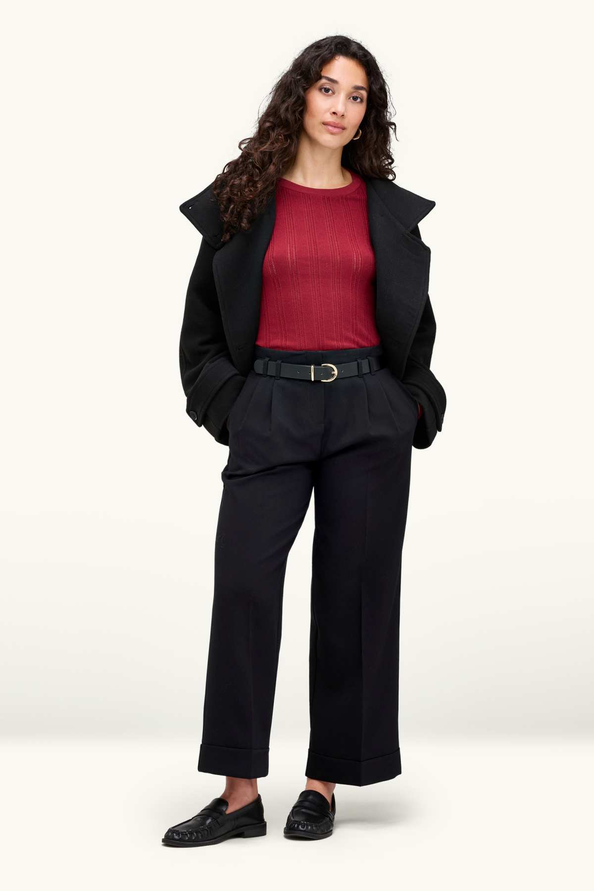 Cloth trousers with belt - high waist - wide leg - black