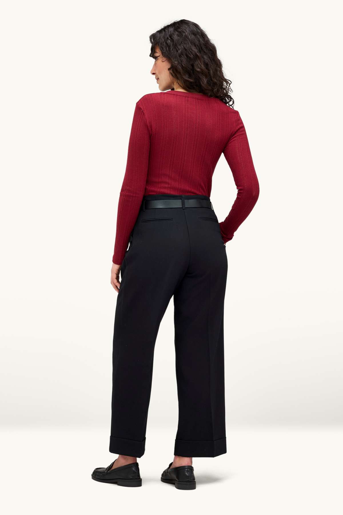 Cloth trousers with belt - high waist - wide leg - black