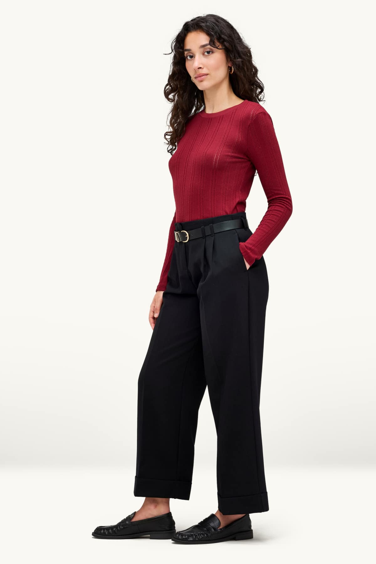Cloth trousers with belt - high waist - wide leg - black