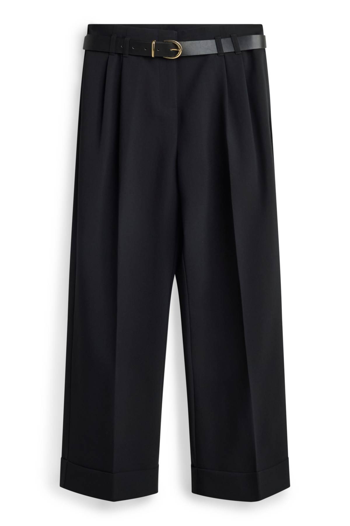 Cloth trousers with belt - high waist - wide leg - black