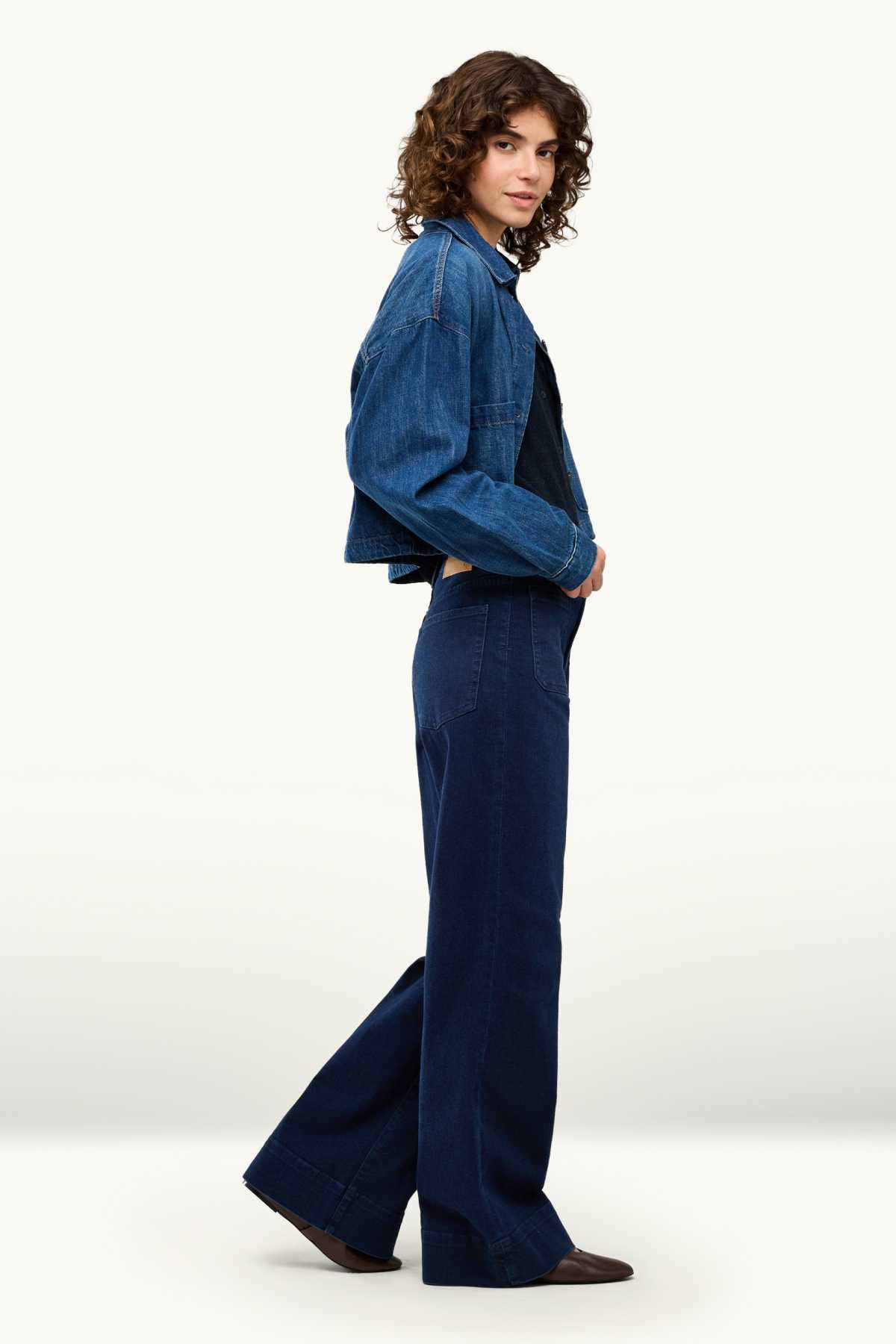 Wide leg jeans - mid-rise waist - denim-dark blue