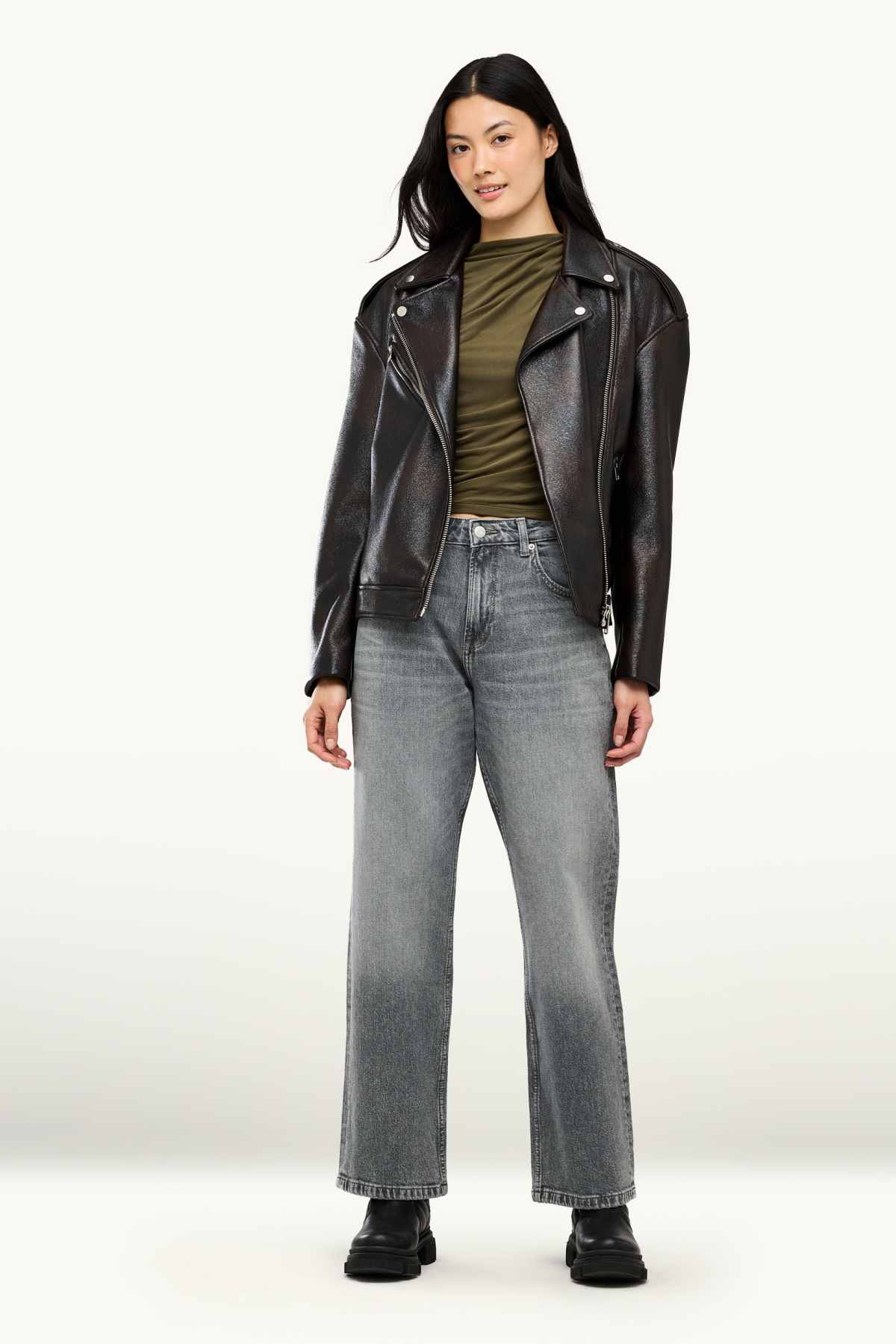 Baggy jeans - mid-rise waist - denim-gray