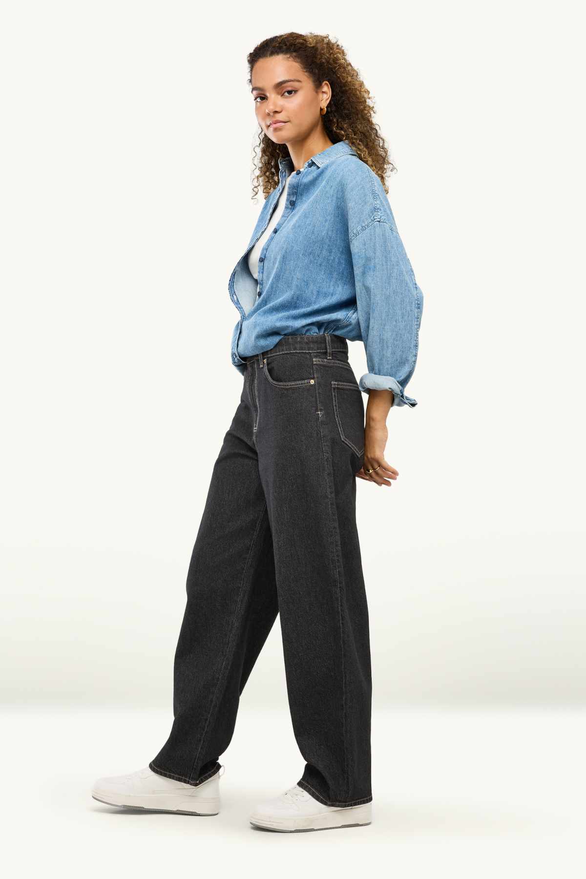 Barrel jeans - mid-rise waist - denim-dark gray