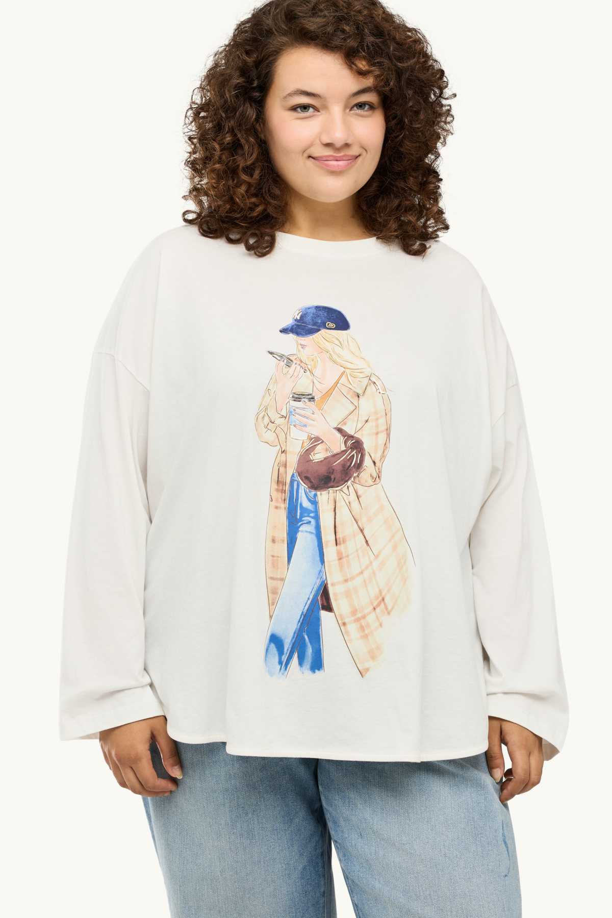 Long sleeve top - relaxed fit - shiny - white