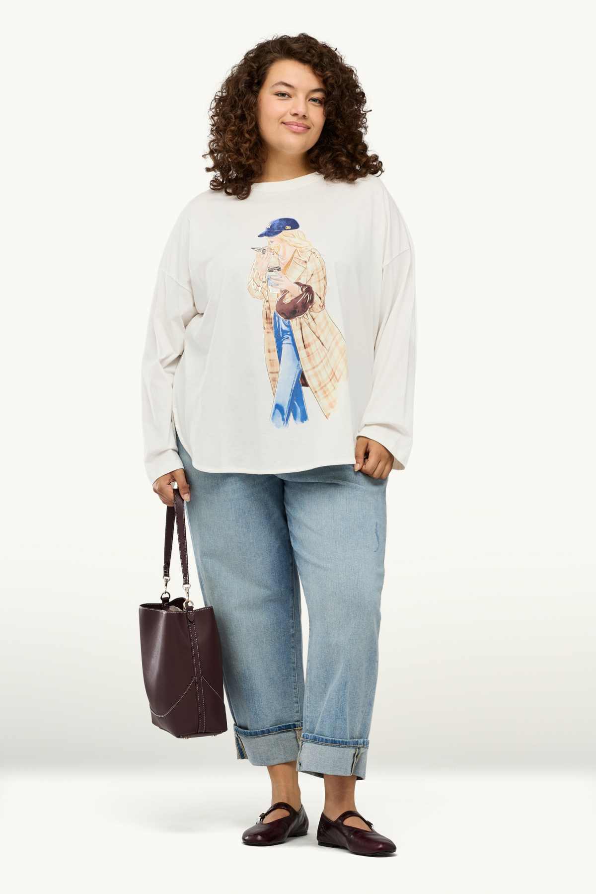 Long sleeve top - relaxed fit - shiny - white