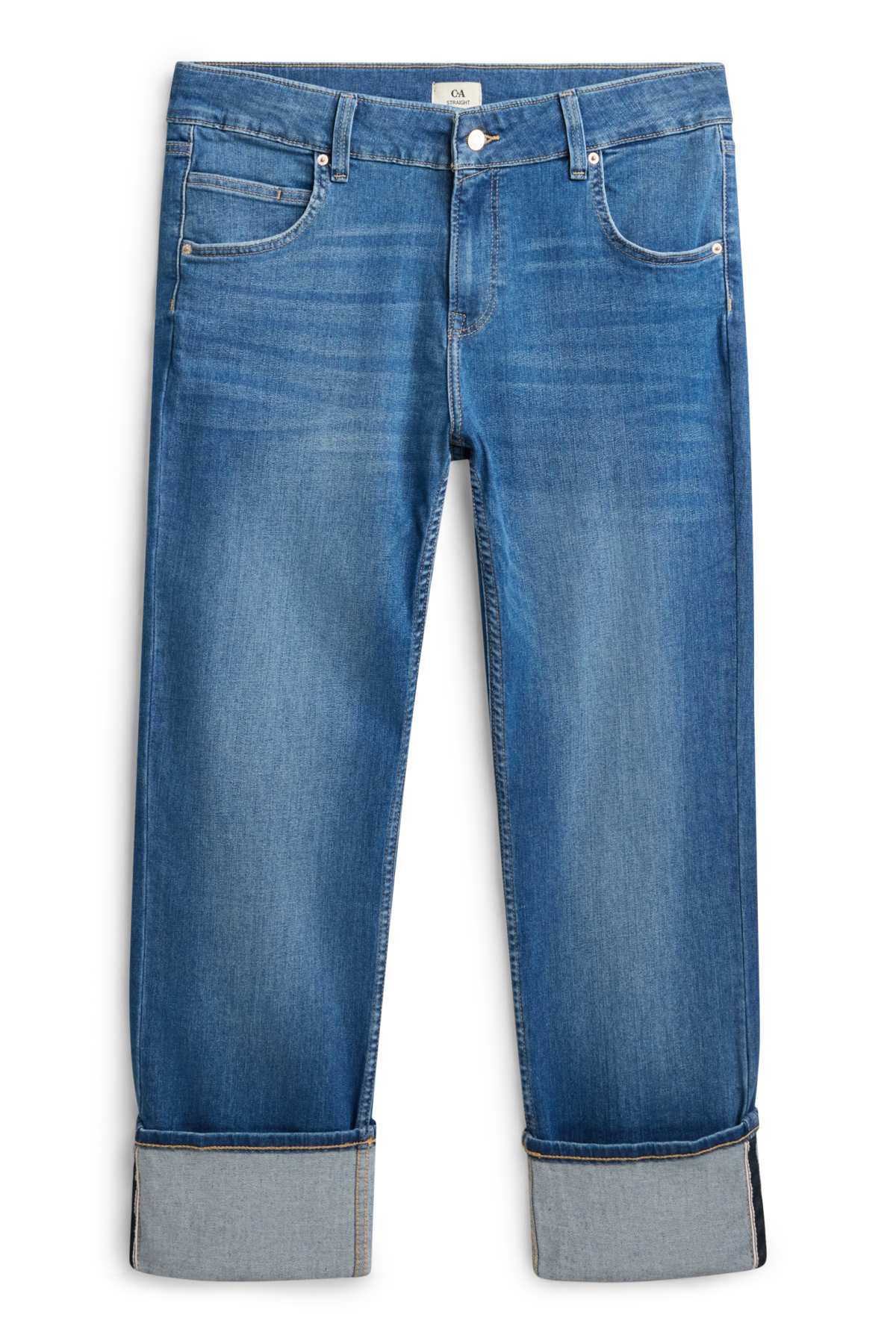 Cropped straight jeans - mid-rise waist - LYCRA® - blue denim