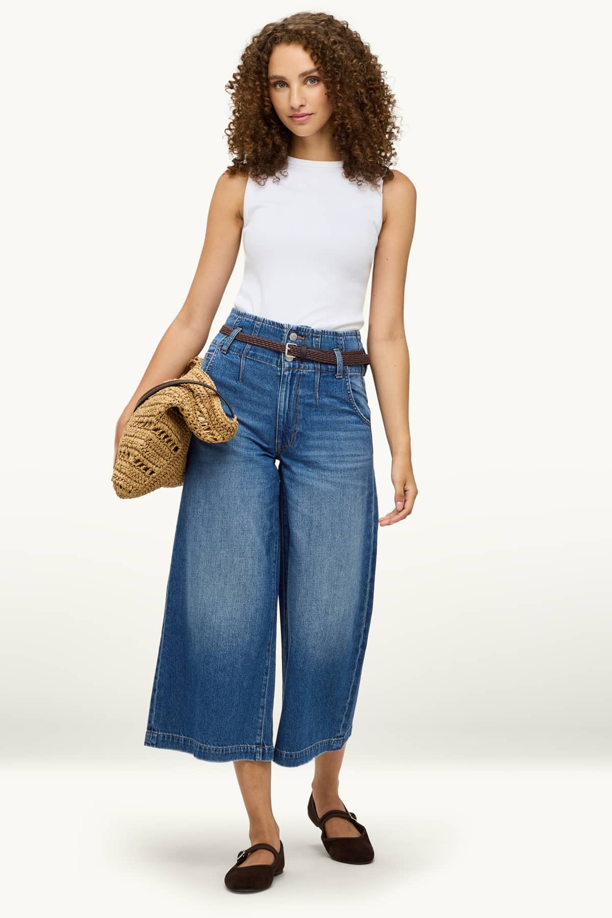 Culotte jeans with belt - high waist - wide leg - blue denim
